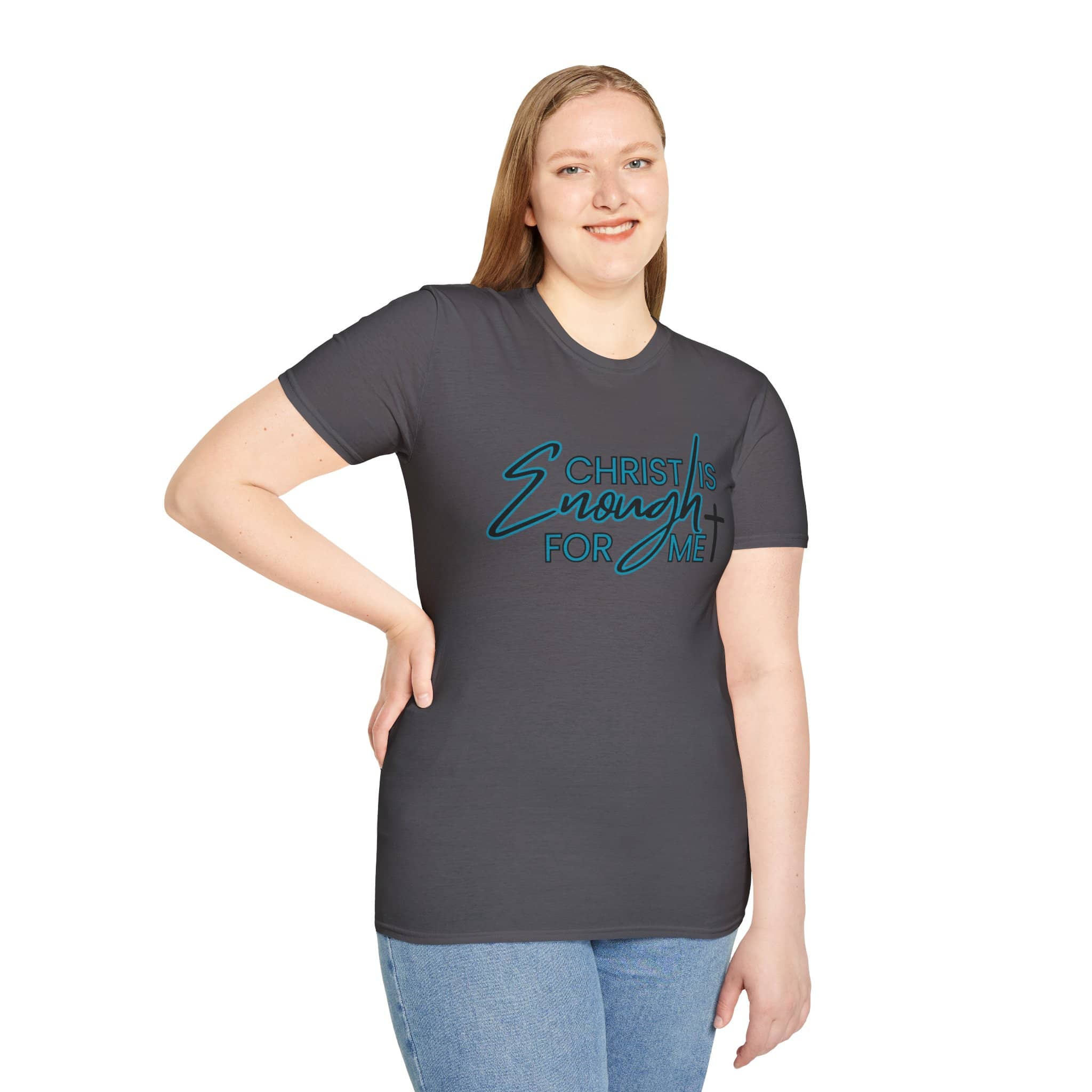 Gray Christ is Enough shirt with bold teal text for casual and inspirational wear