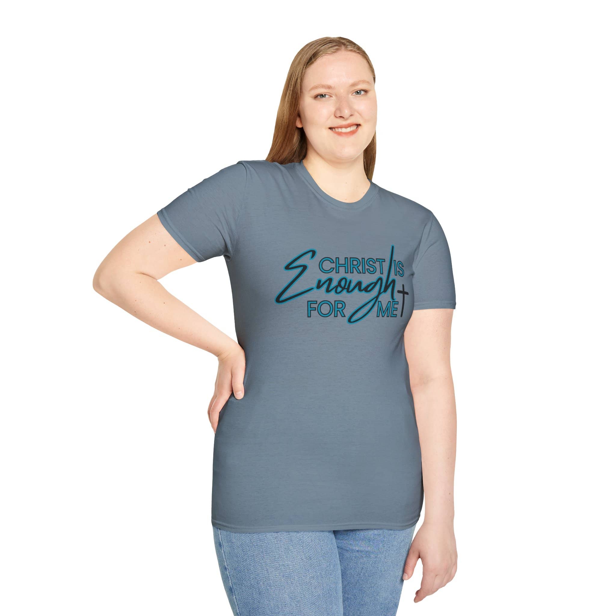 Light blue Christ is enough shirt with stylish script font and a comfortable fit for daily wear