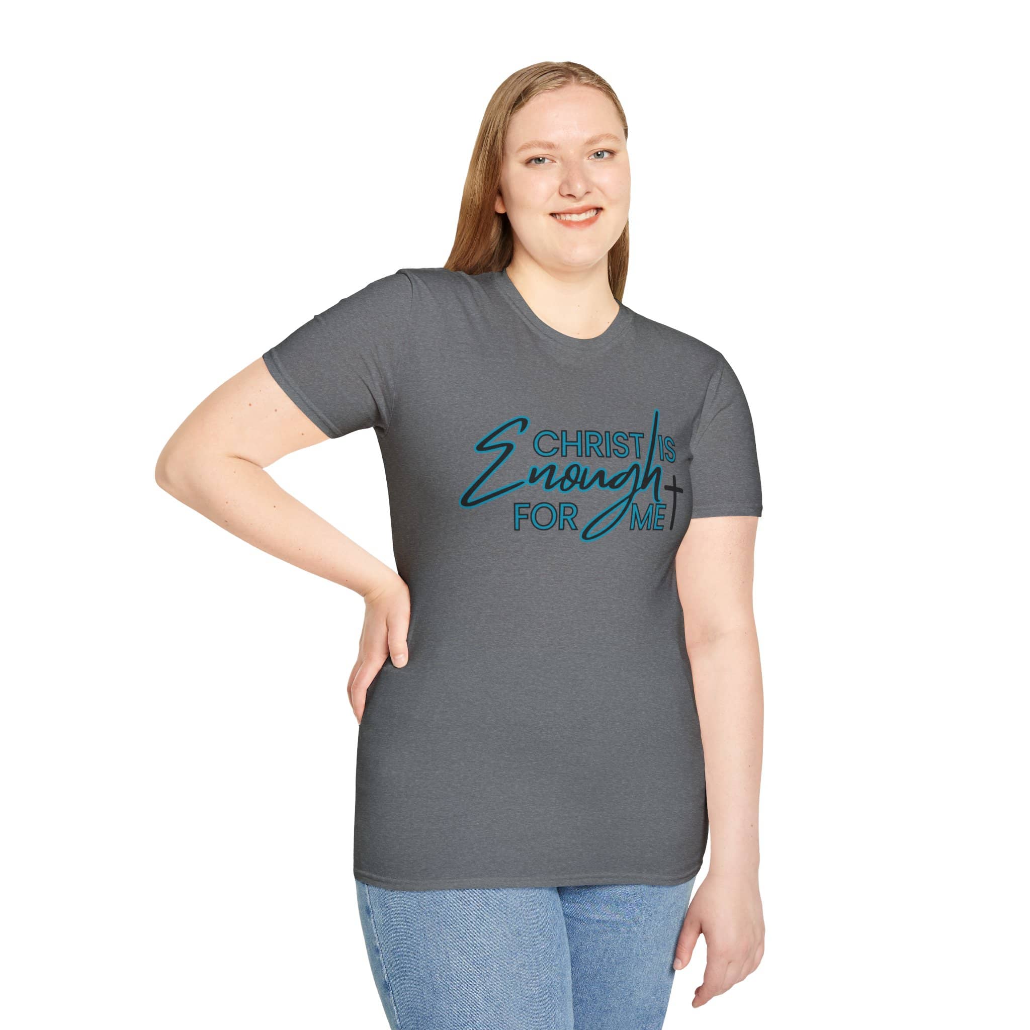 Gray Christ is enough shirt featuring bold text design for a stylish look