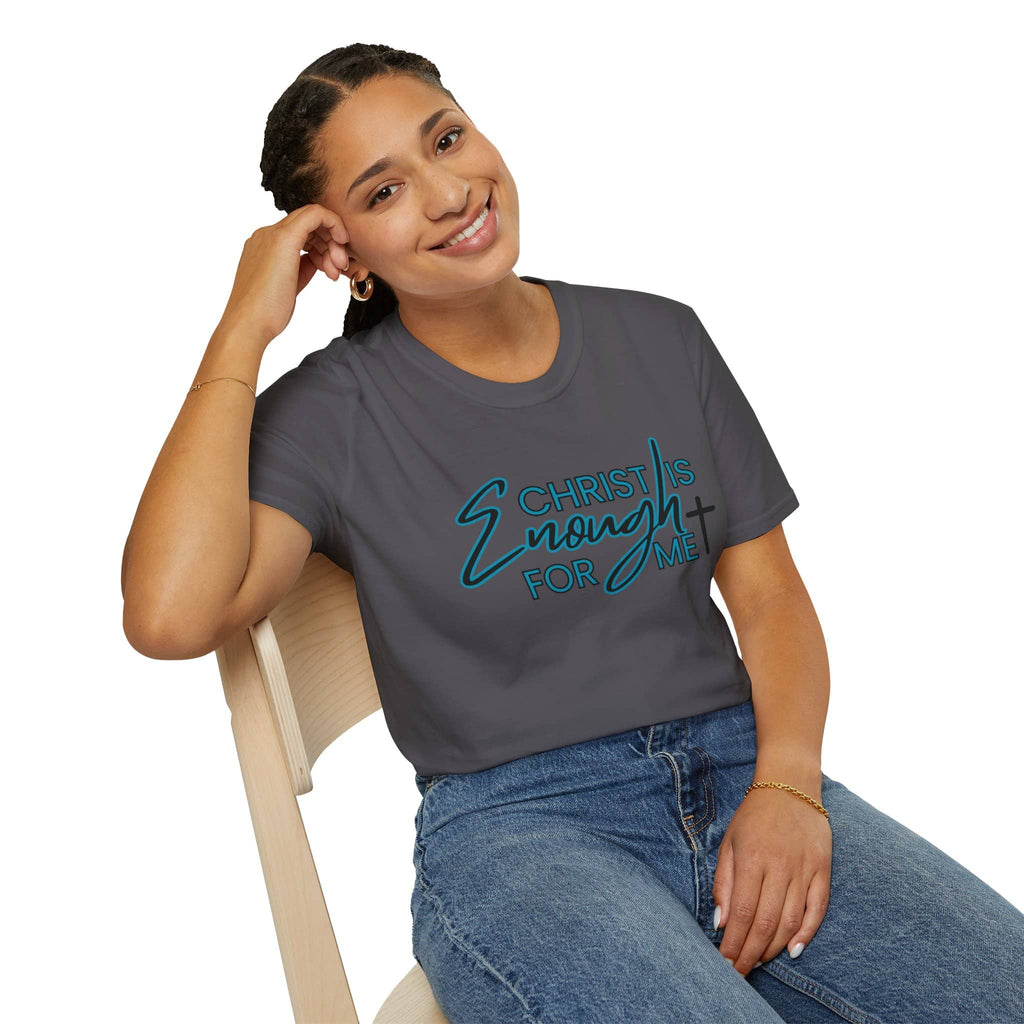 Heather Gray Christ is enough shirt with stylish teal lettering for casual wear and faith expression