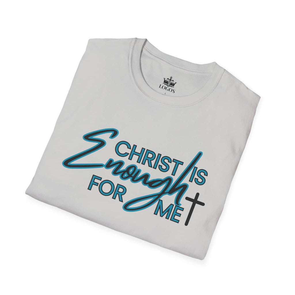 Folded gray Christ is Enough shirt with bold lettering and a cross design