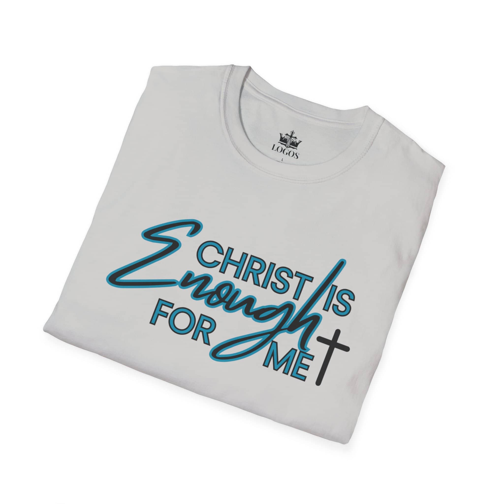 Folded gray Christ is Enough shirt with bold lettering and a cross design