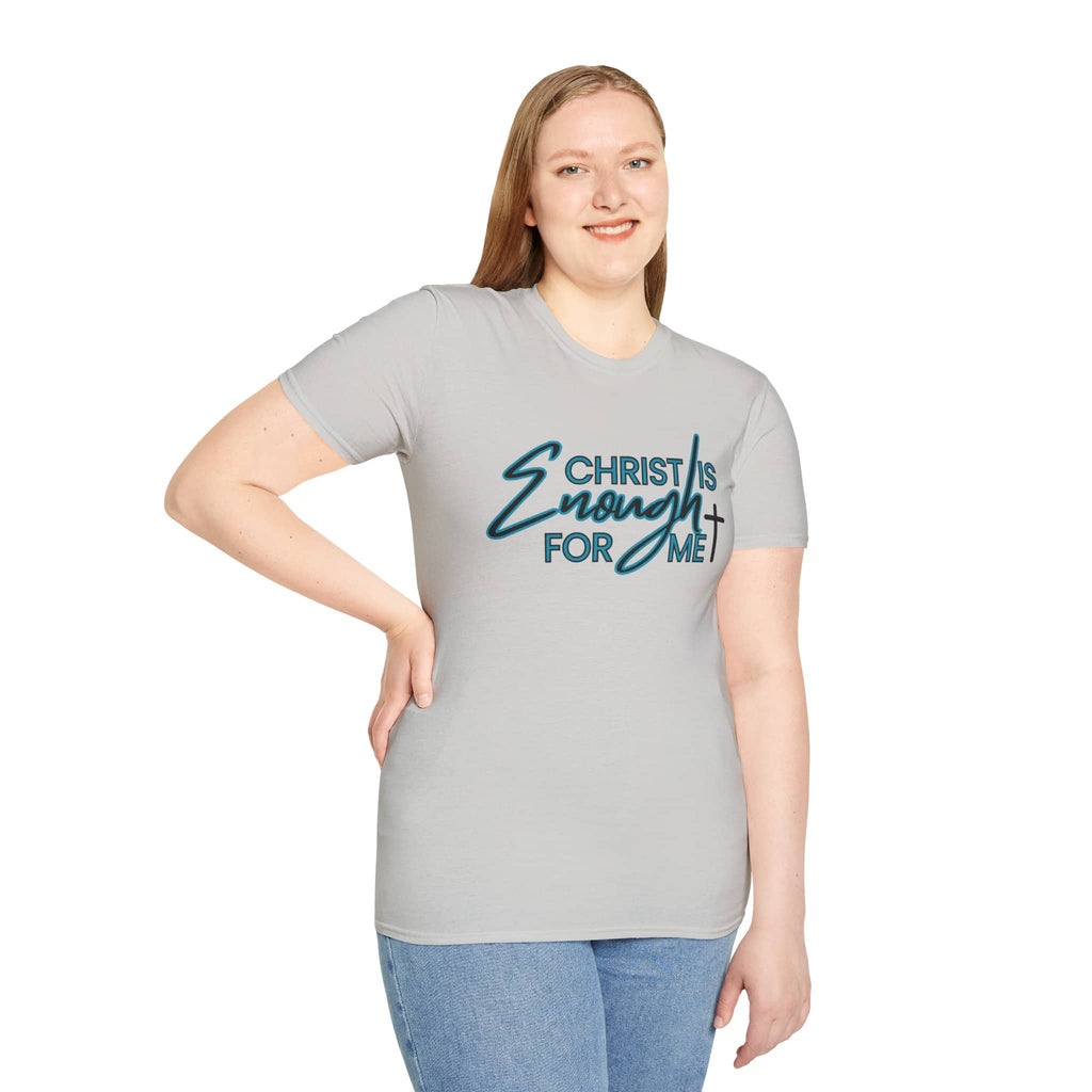 Light gray Christ is Enough shirt featuring inspirational text for everyday wear