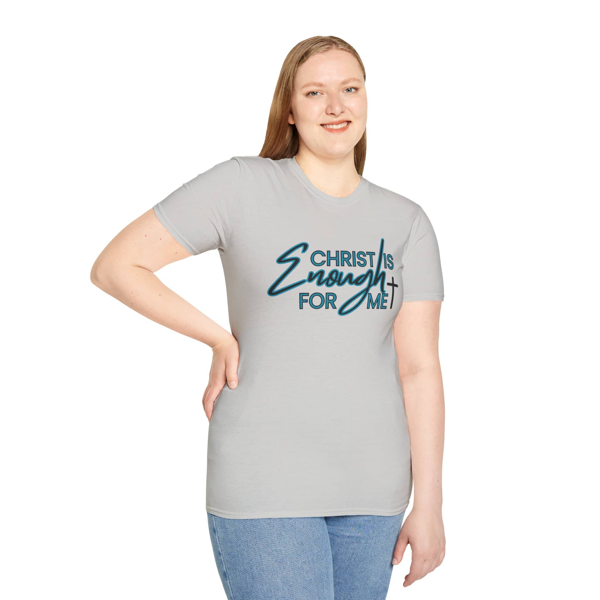 Light gray Christ is Enough shirt featuring inspirational text for everyday wear