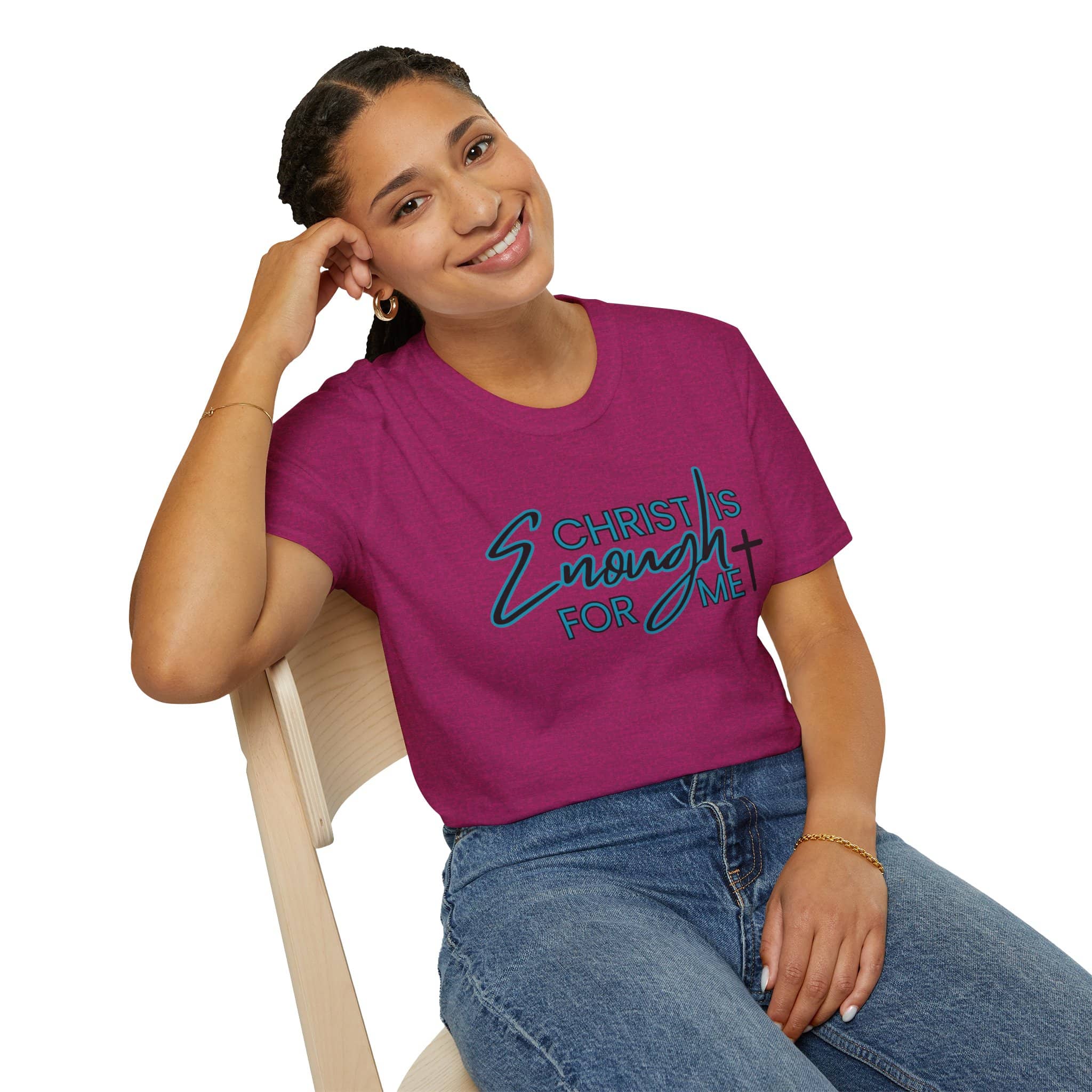 Bold Christ is enough shirt in purple with teal lettering for faith-inspired fashion