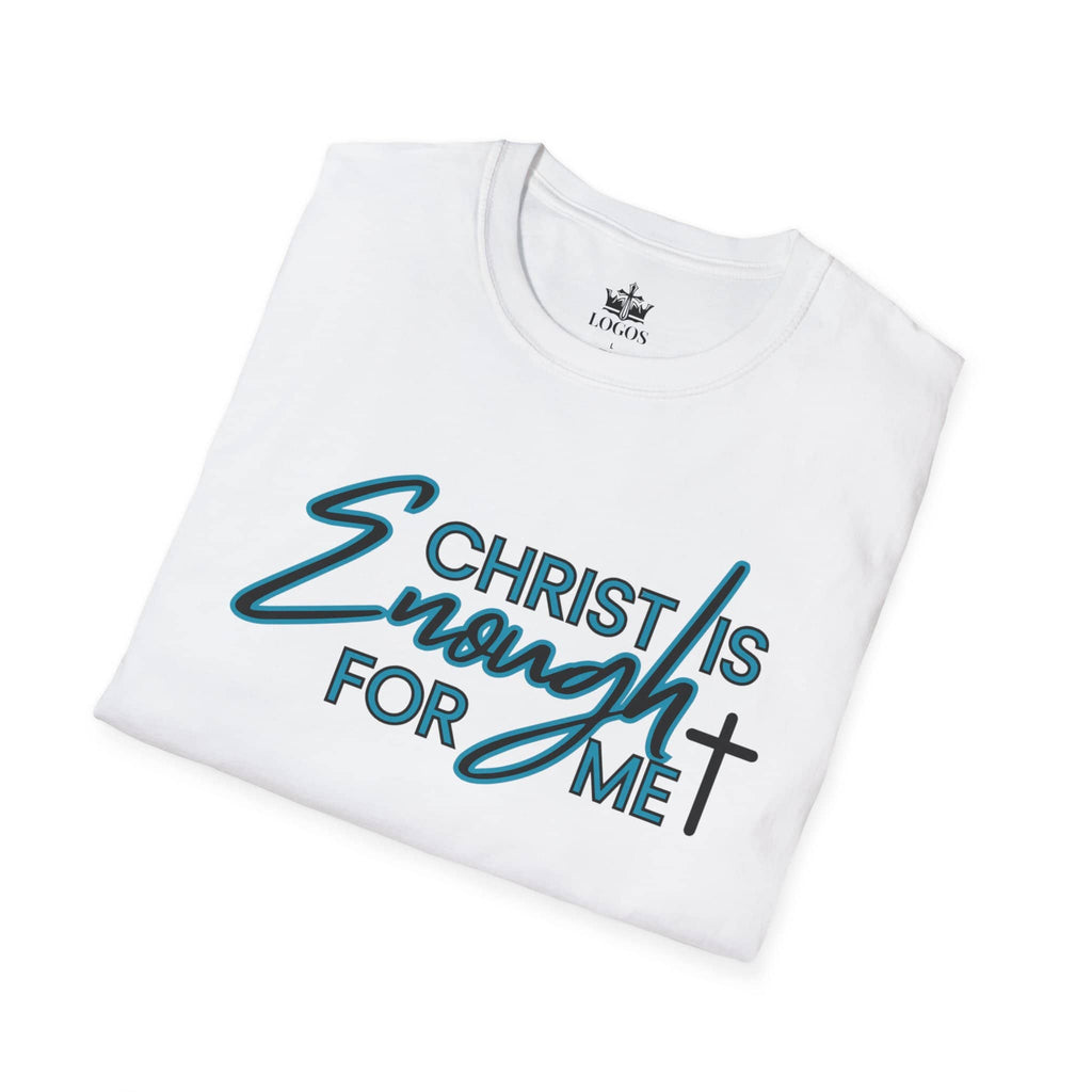 White Christ is Enough women's shirt with stylish blue script and cross design for faith-inspired fashion
