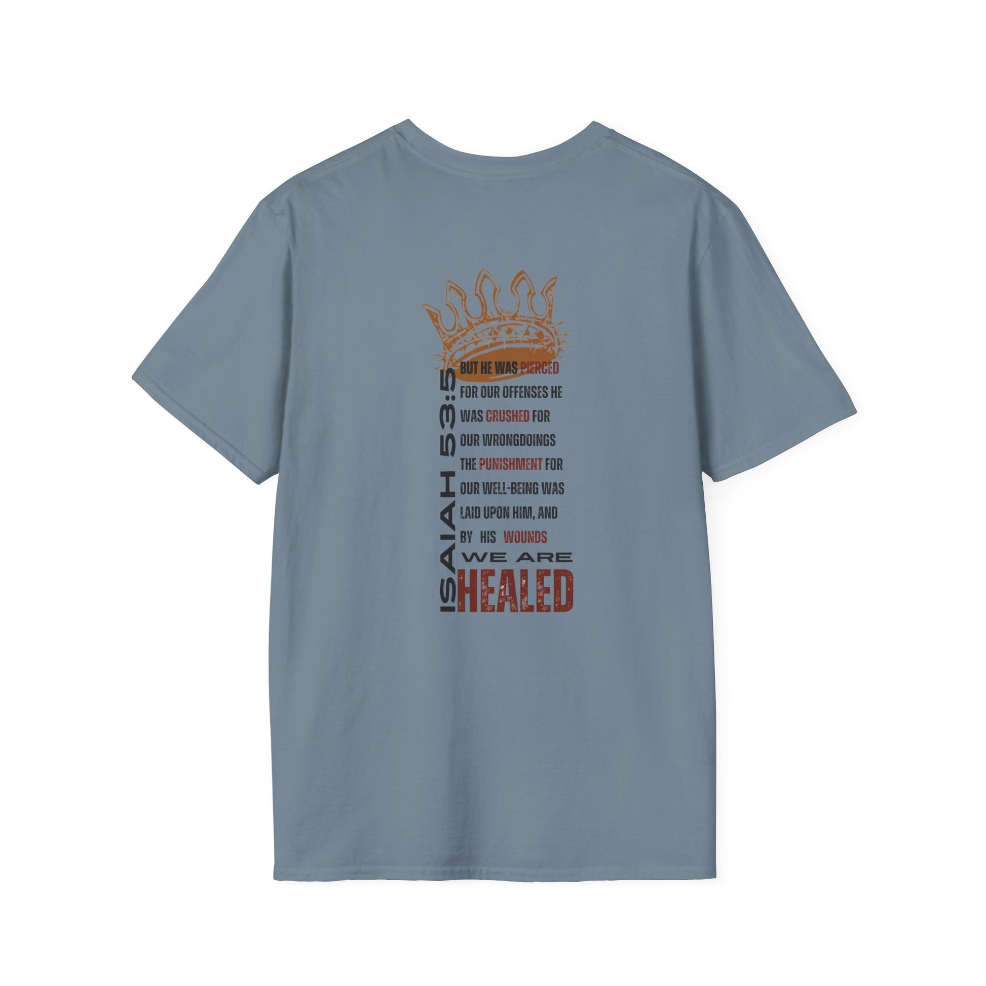 Blue T-Shirt featuring Isaiah 53 design with the phrase Christ our Healer apparel for a stylish, faith-inspired look