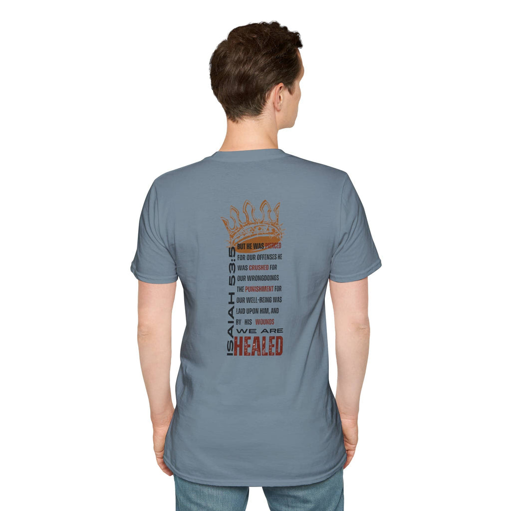 Blue T-shirt featuring 'Christ our Healer apparel' design with Psalm 133 print on the back