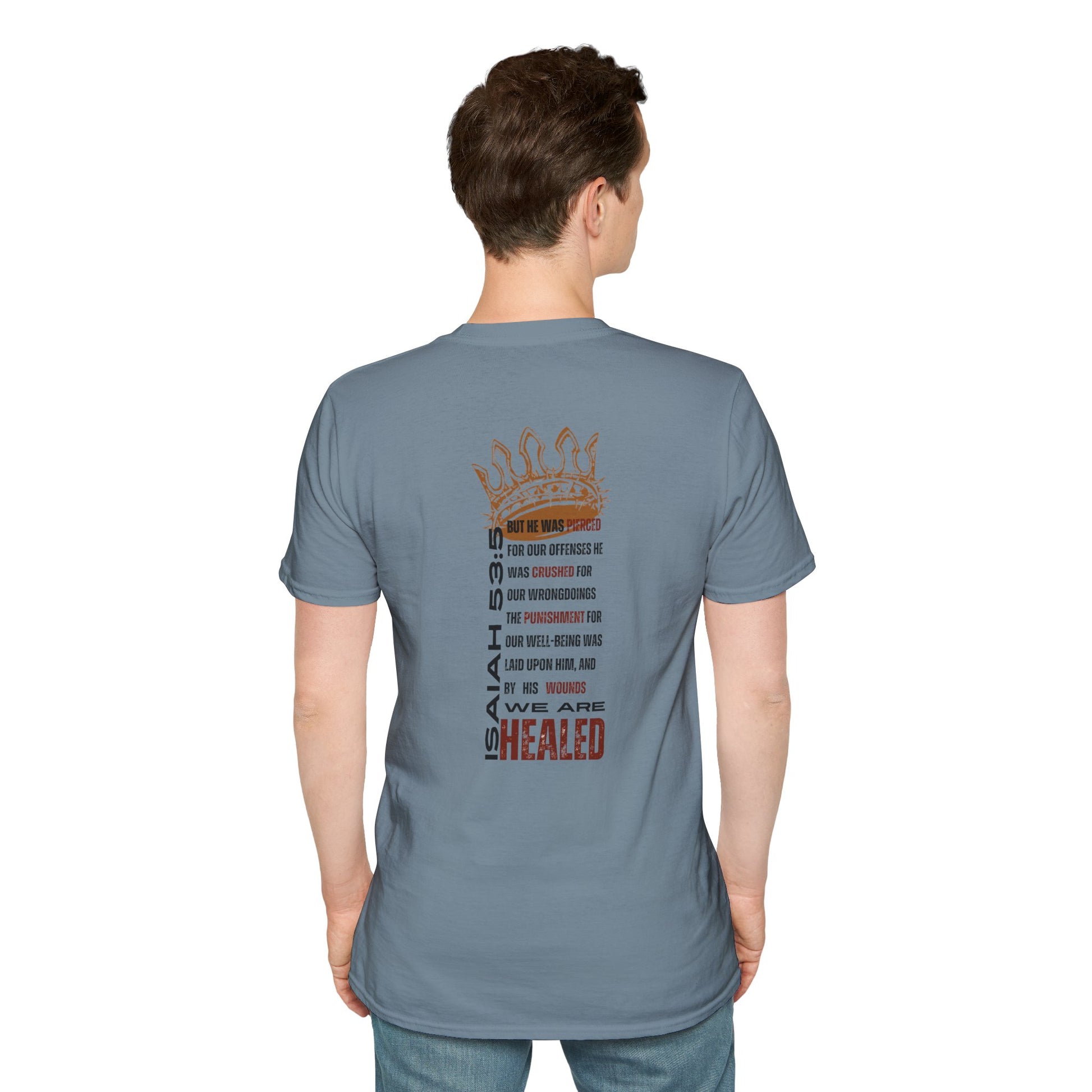 Blue T-shirt featuring 'Christ our Healer apparel' design with Psalm 133 print on the back