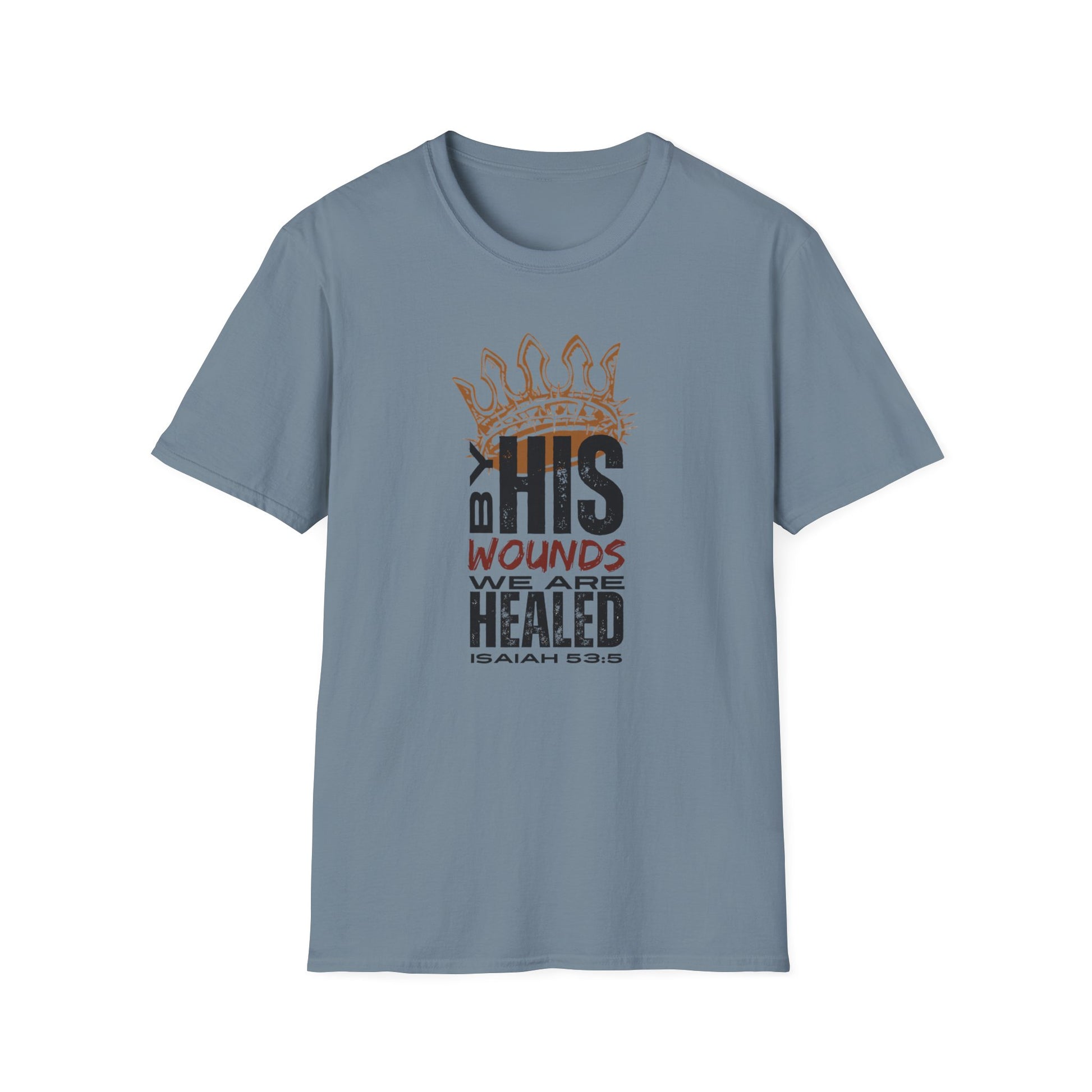 Light blue T-Shirt featuring 'By His Wounds We Are Healed' design from Christ our Healer apparel