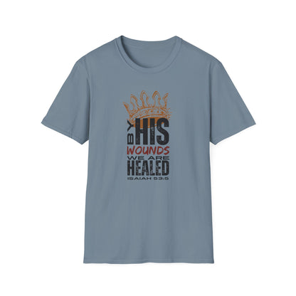 Light blue T-Shirt featuring 'By His Wounds We Are Healed' design from Christ our Healer apparel