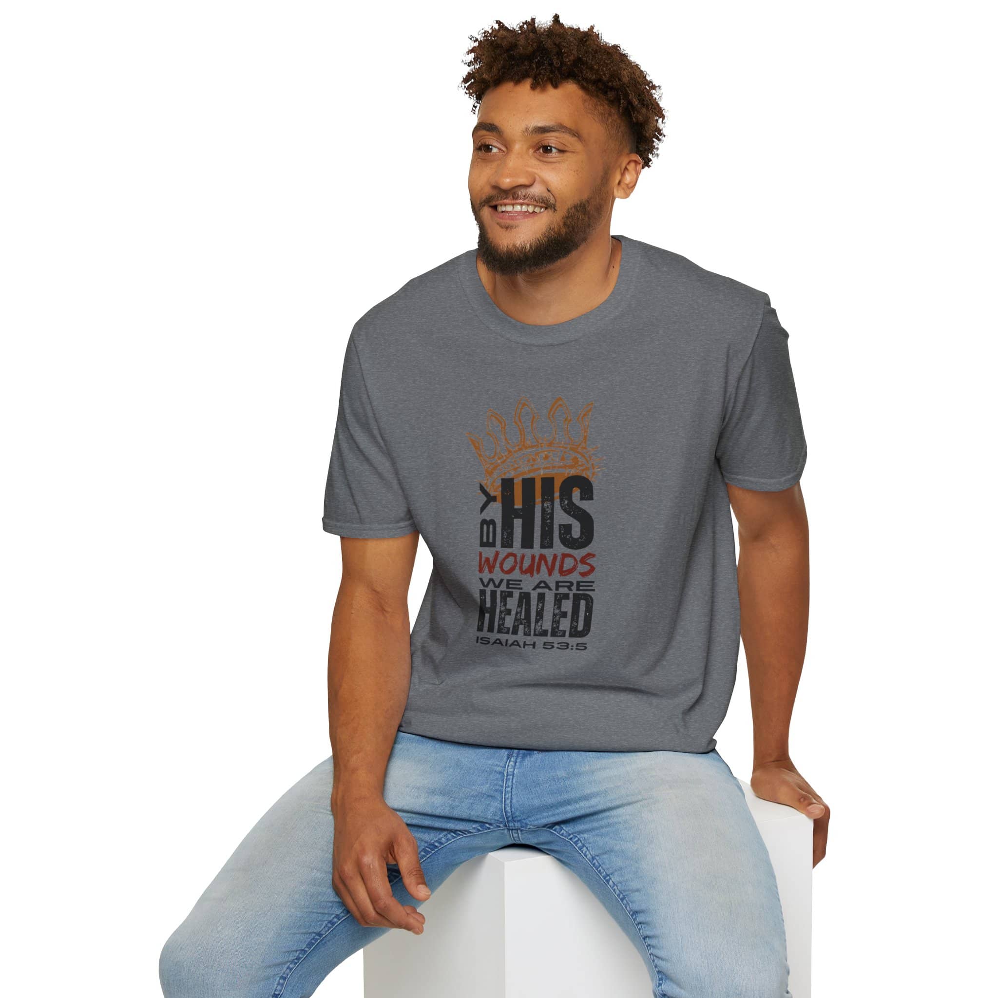 Gray T-Shirt with 'By His Wounds We Are Healed' design, part of Christ our Healer apparel