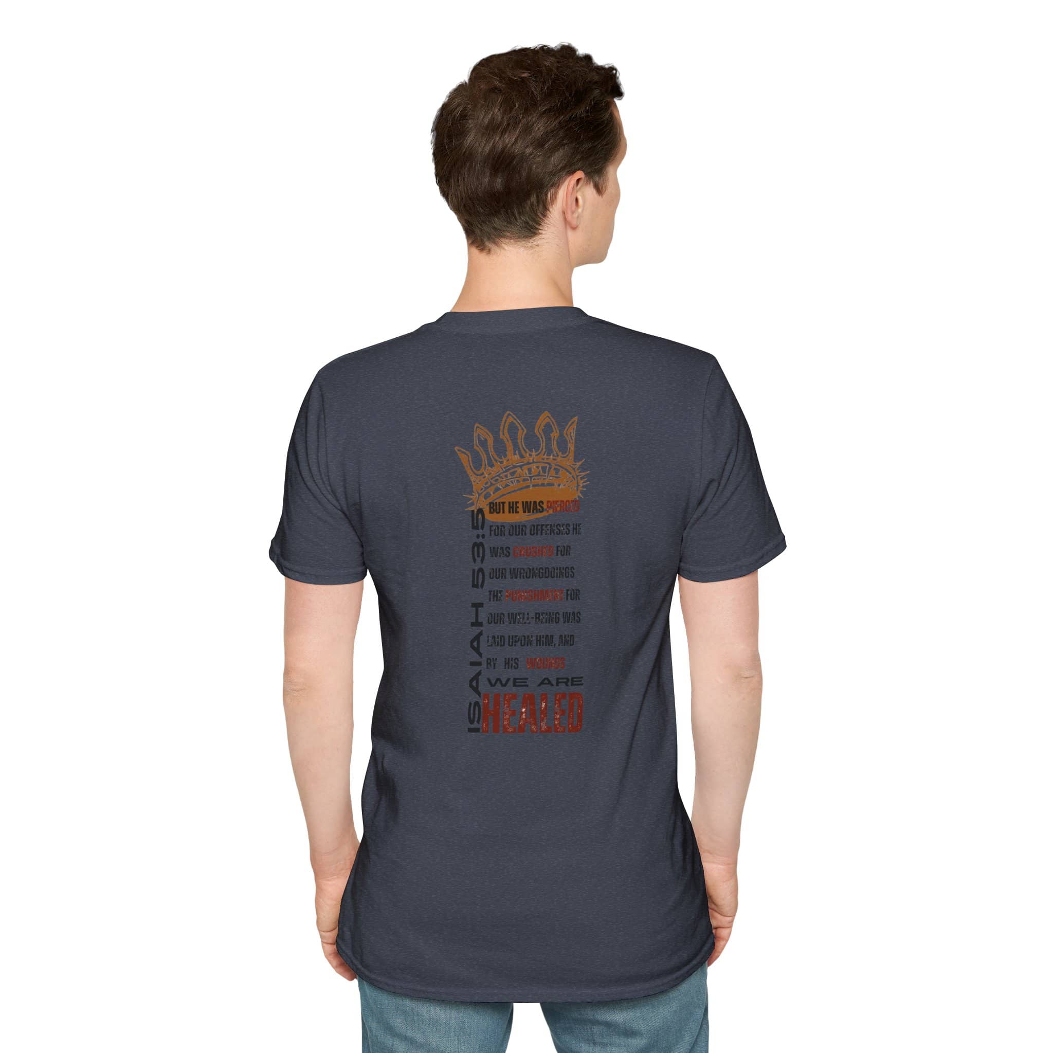 Men's navy T-shirt featuring the text 'Christ our Healer apparel' and a crown design on the back