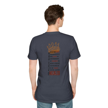 Men's navy T-shirt featuring the text 'Christ our Healer apparel' and a crown design on the back