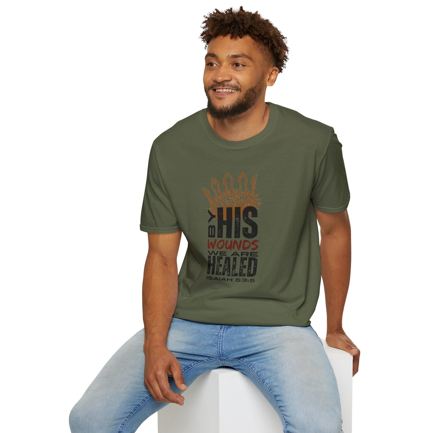 Olive green T-Shirt featuring 'By His Wounds We Are Healed' design, ideal Christ our Healer apparel
