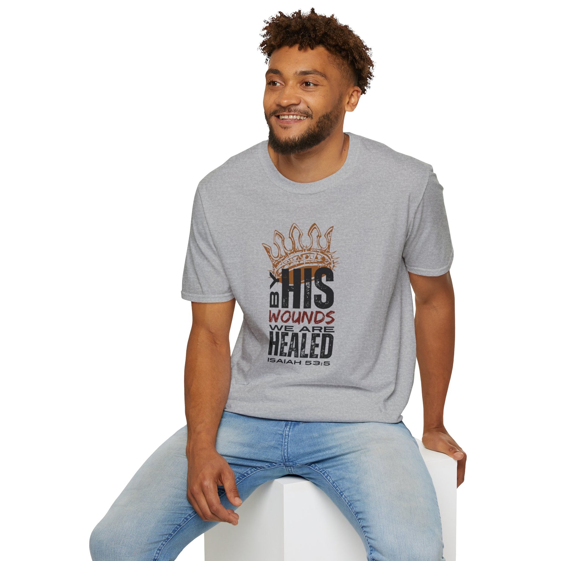 Gray T-Shirt featuring Christ our Healer apparel with inspirational text and graphic design.