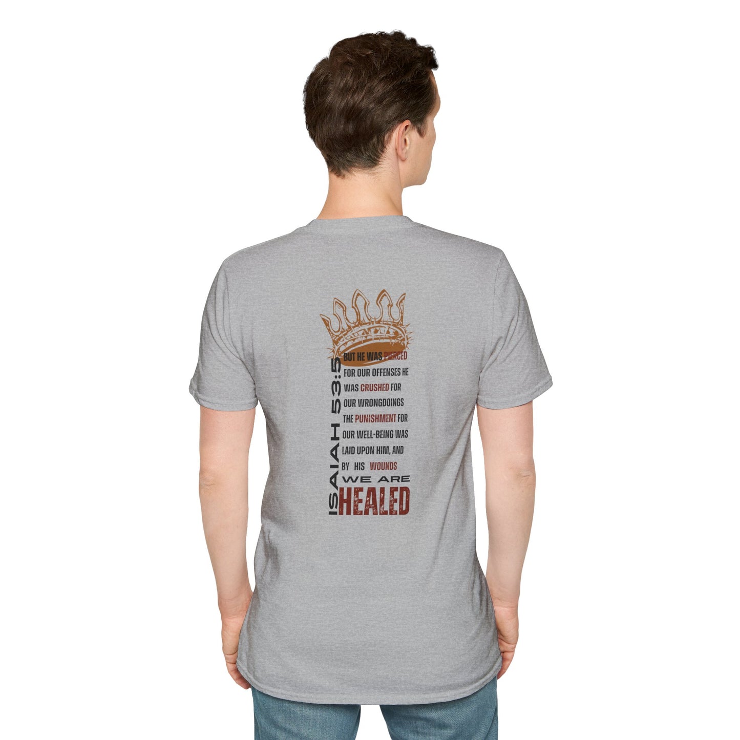 Gray T-Shirt featuring Christ our Healer apparel with a powerful message on the back