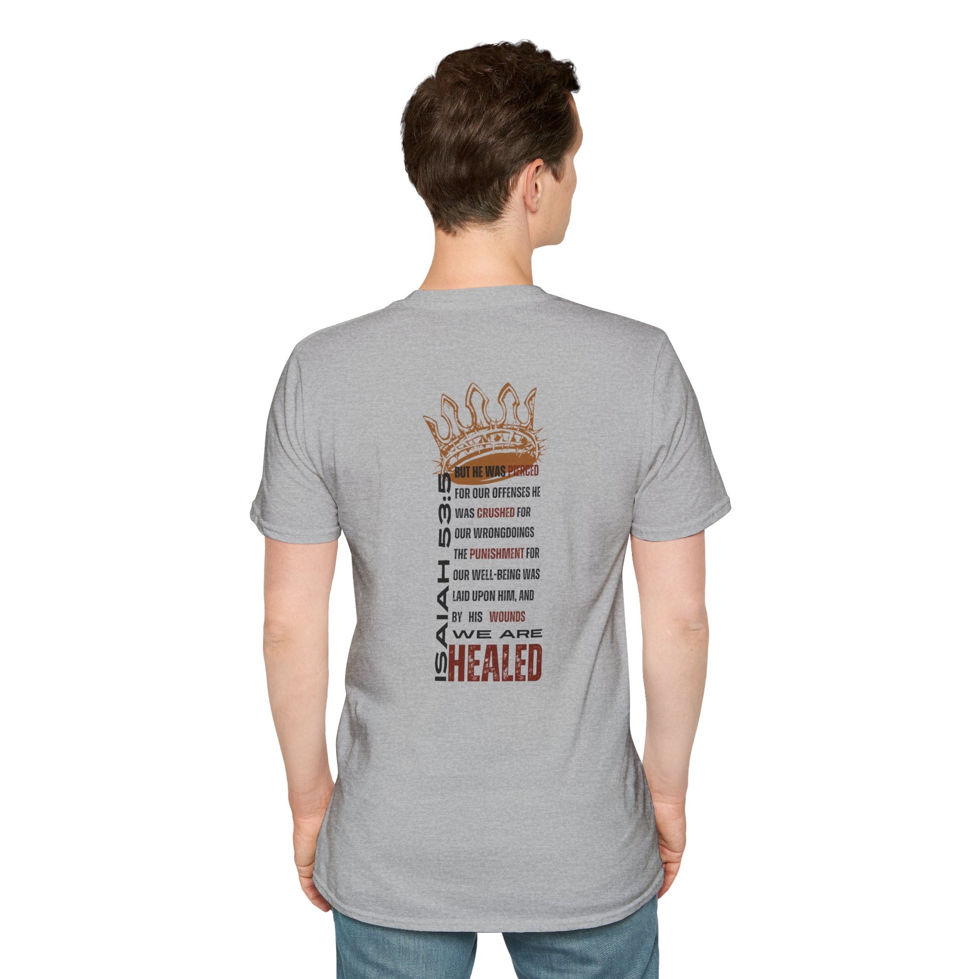 Gray T-Shirt featuring Christ our Healer apparel with a powerful message on the back