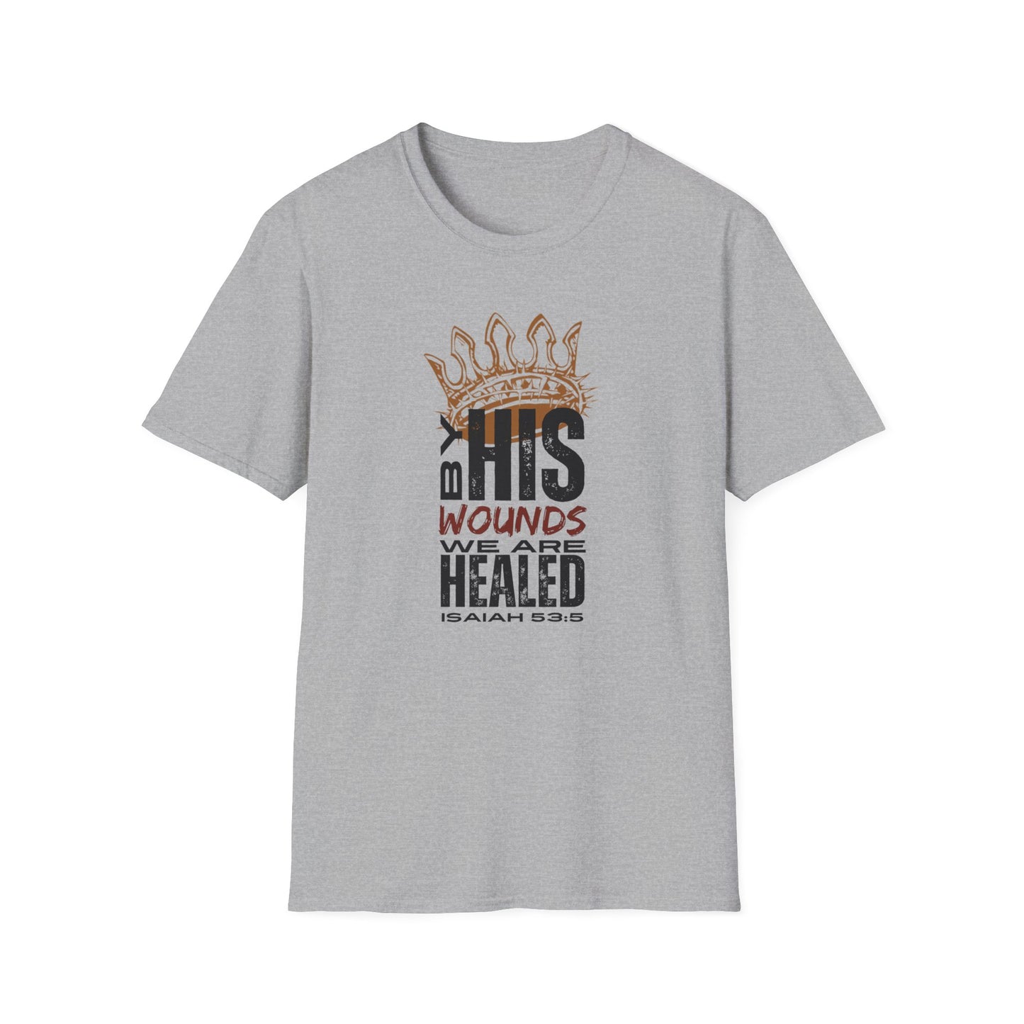 Gray T-Shirt featuring 'By His Wounds We Are Healed' design, part of Christ our Healer apparel