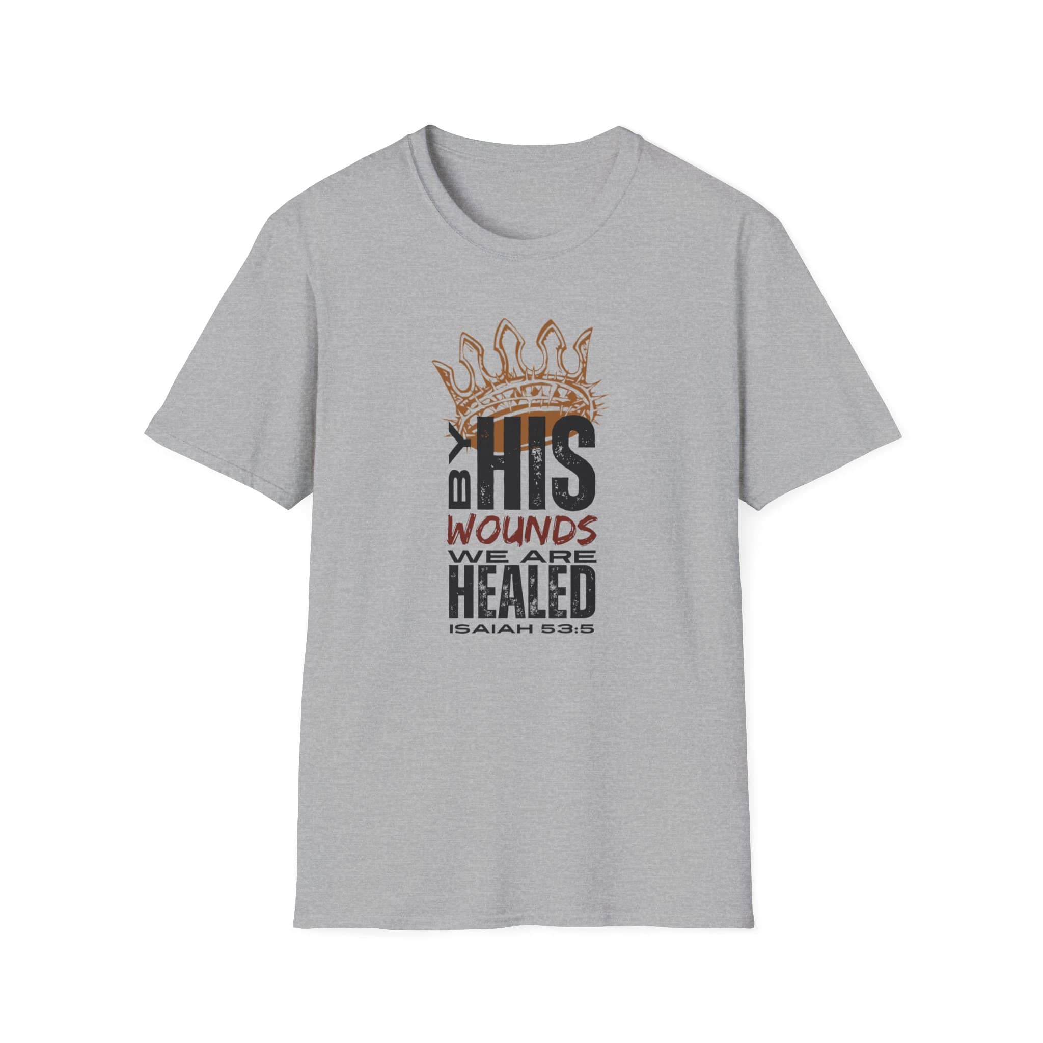 Gray T-Shirt featuring 'By His Wounds We Are Healed' design, part of Christ our Healer apparel