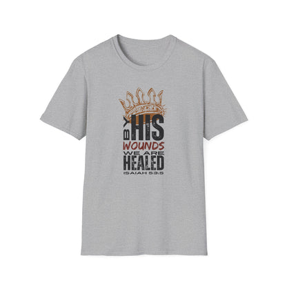Gray T-Shirt featuring 'By His Wounds We Are Healed' design, part of Christ our Healer apparel