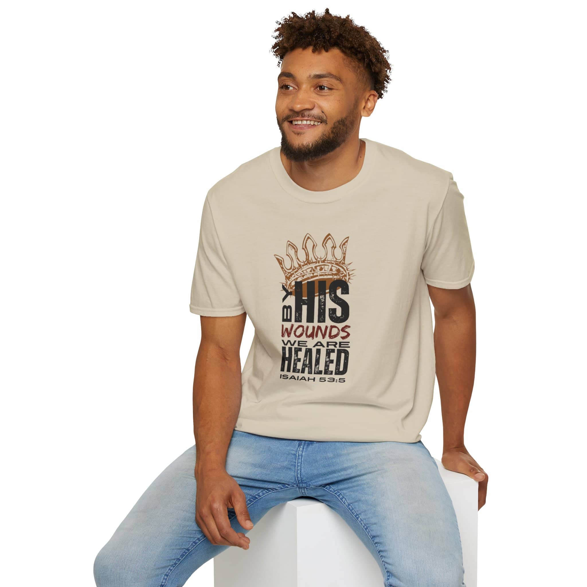 Beige T-Shirt featuring Christ our Healer apparel graphic with Isaiah 53:5 inscription