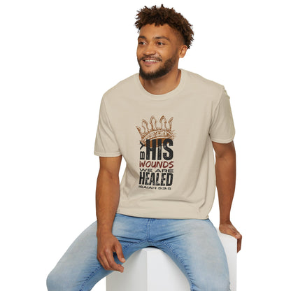 Beige T-Shirt featuring Christ our Healer apparel graphic with Isaiah 53:5 inscription