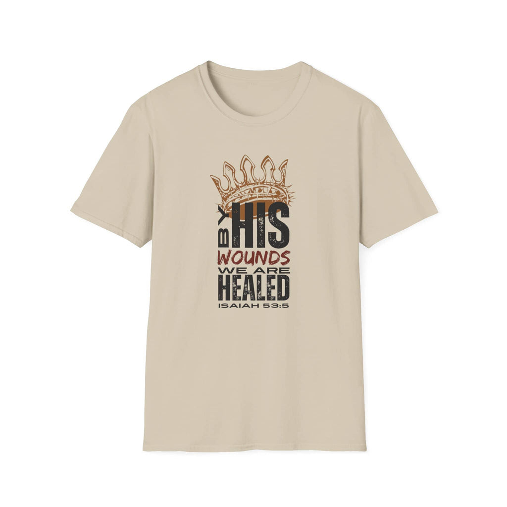 Beige T-Shirt featuring Christ our Healer apparel with graphic text and crown design for inspirational wear