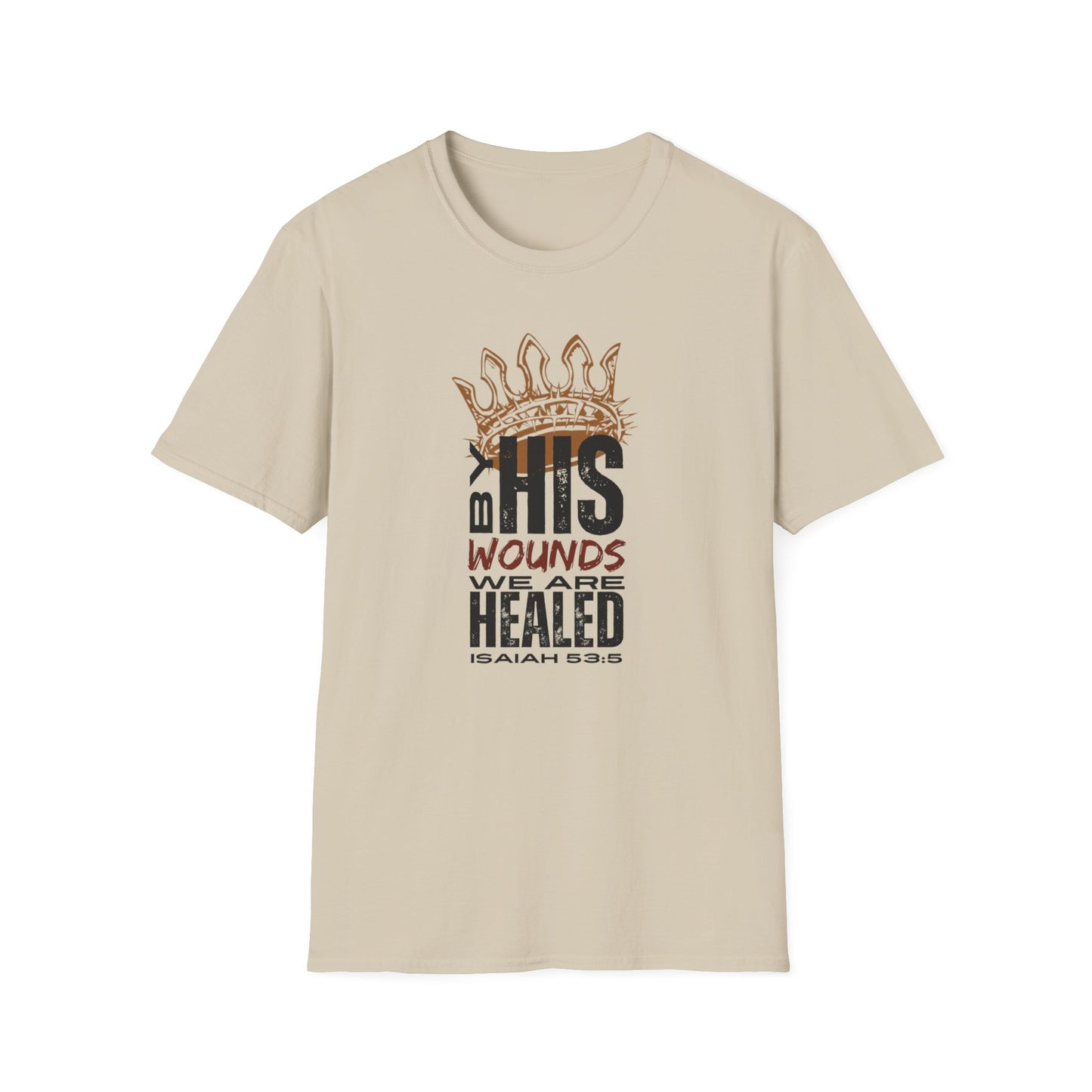 Beige T-Shirt featuring Christ our Healer apparel with graphic text and crown design for inspirational wear
