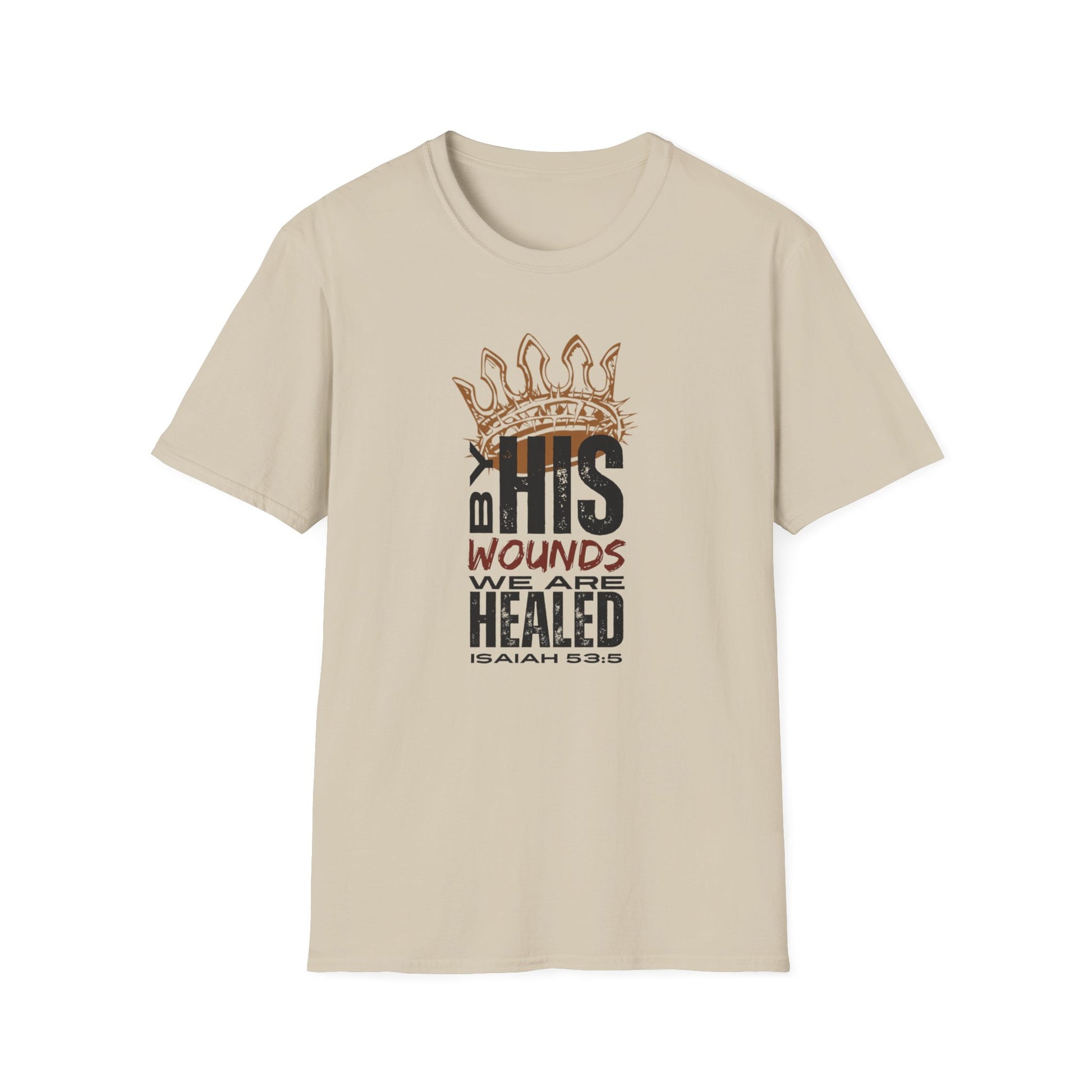 Beige T-Shirt featuring Christ our Healer apparel with graphic text and crown design for inspirational wear
