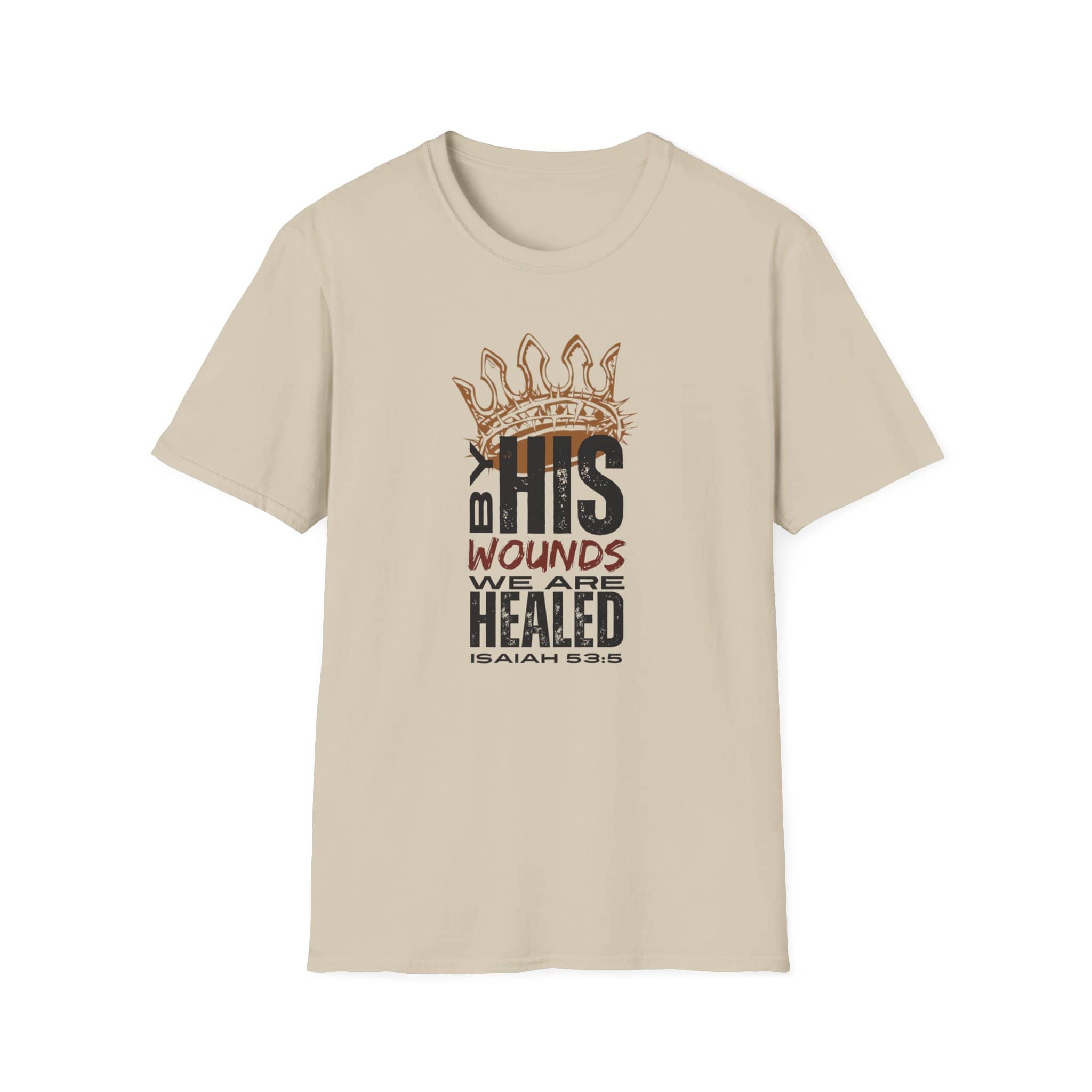 Beige T-Shirt featuring Christ our Healer apparel with graphic text and crown design for inspirational wear