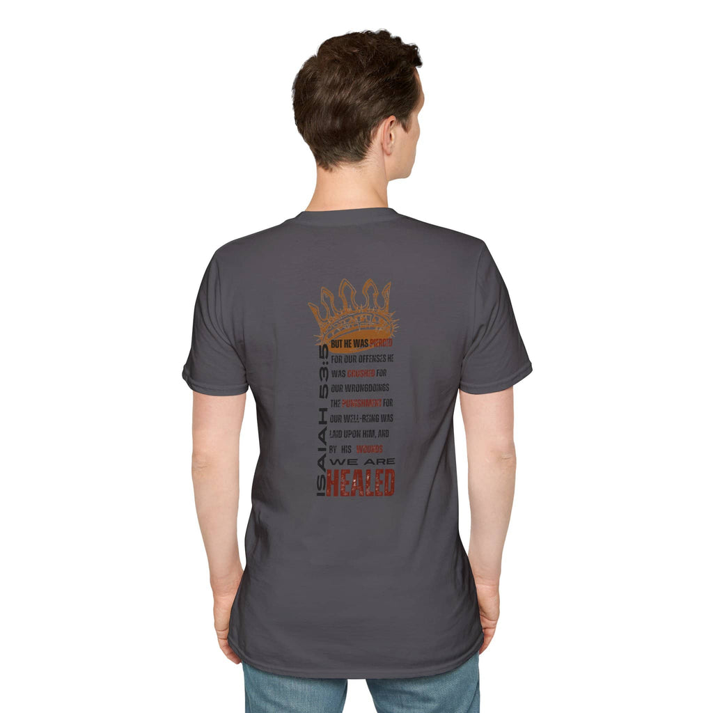 Back view of a gray T-shirt featuring inspirational text, ideal for Christ our Healer apparel enthusiasts