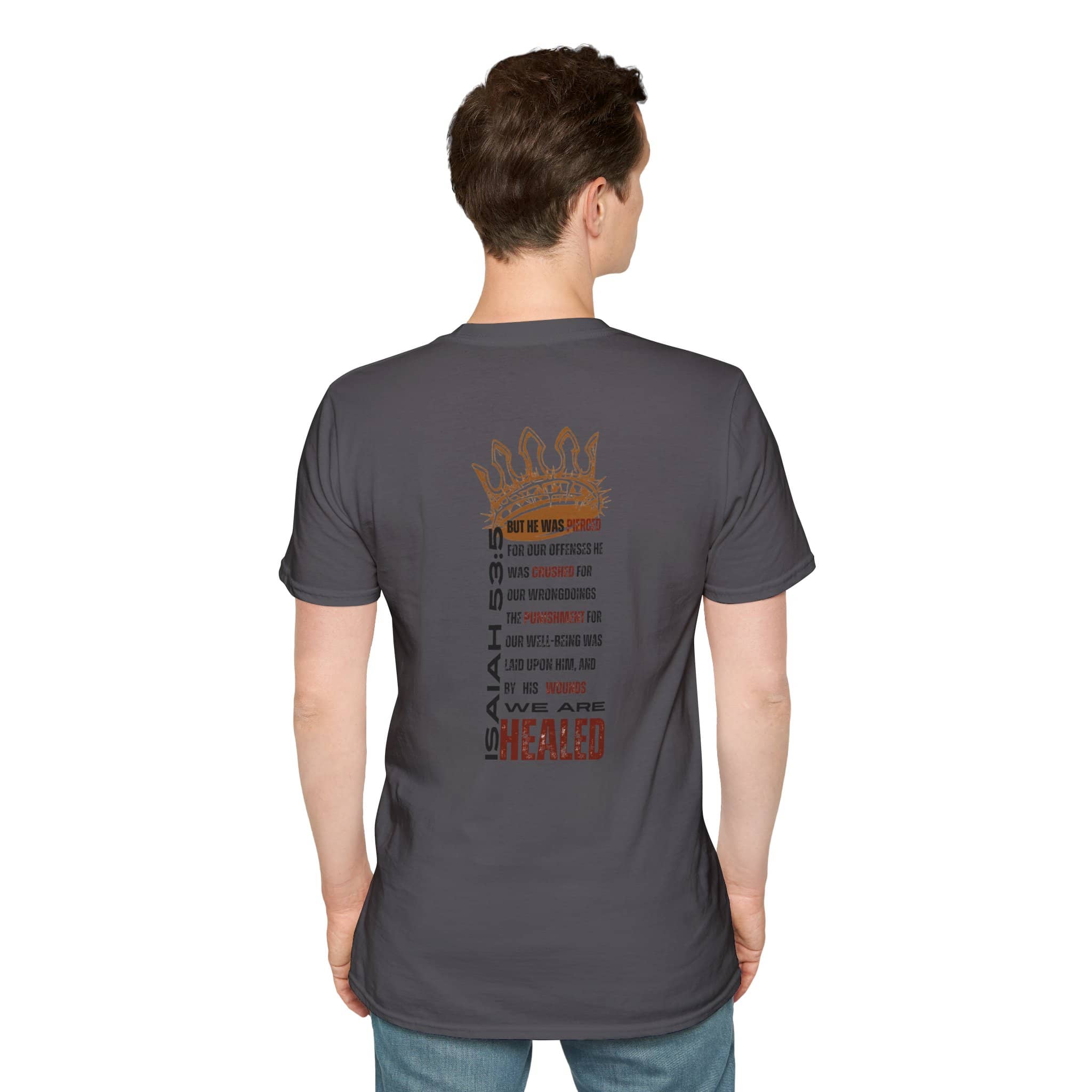 Back view of a gray T-shirt featuring inspirational text, ideal for Christ our Healer apparel enthusiasts