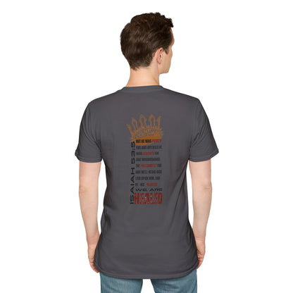 Back view of a gray T-shirt featuring inspirational text, ideal for Christ our Healer apparel enthusiasts