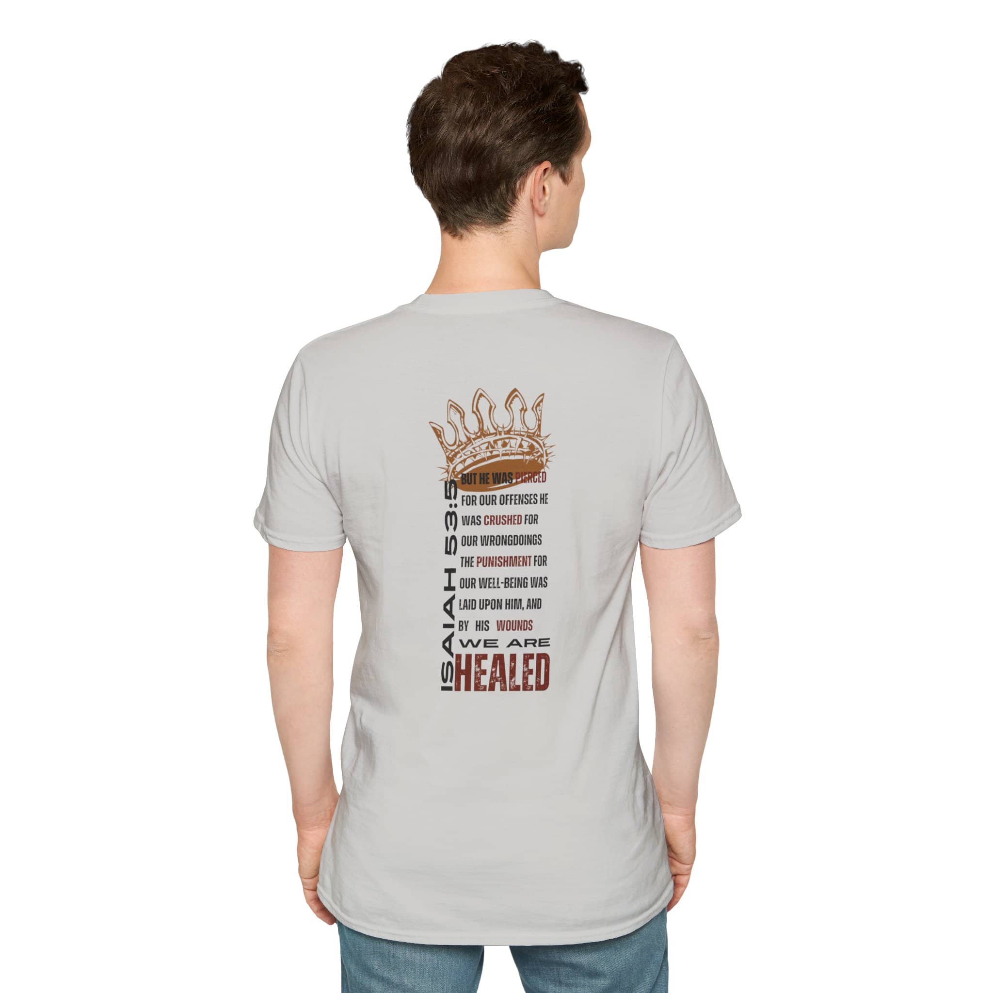 Light gray Christ our Healer apparel T-Shirt featuring inspirational text on the back