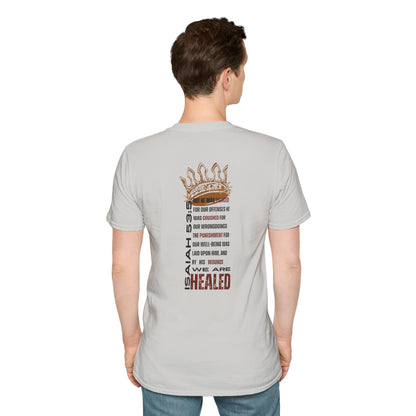 Light gray Christ our Healer apparel T-Shirt featuring inspirational text on the back