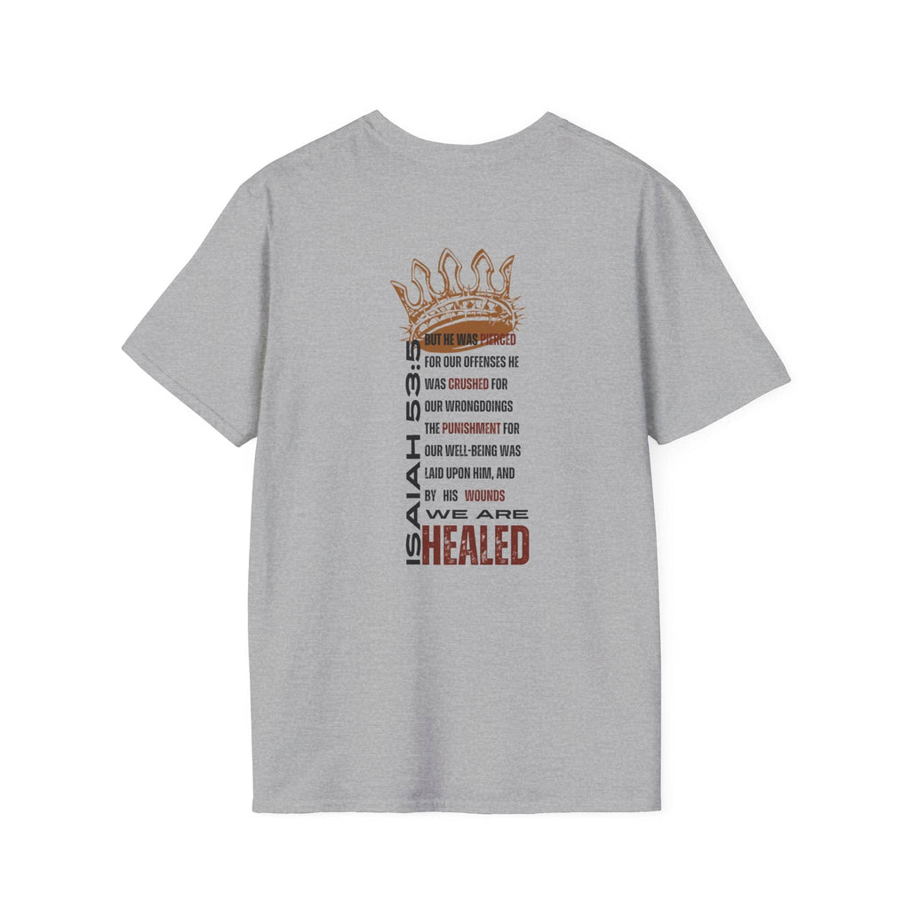 Gray T-Shirt featuring 'Christ our Healer apparel' design with biblical verse and crown graphic