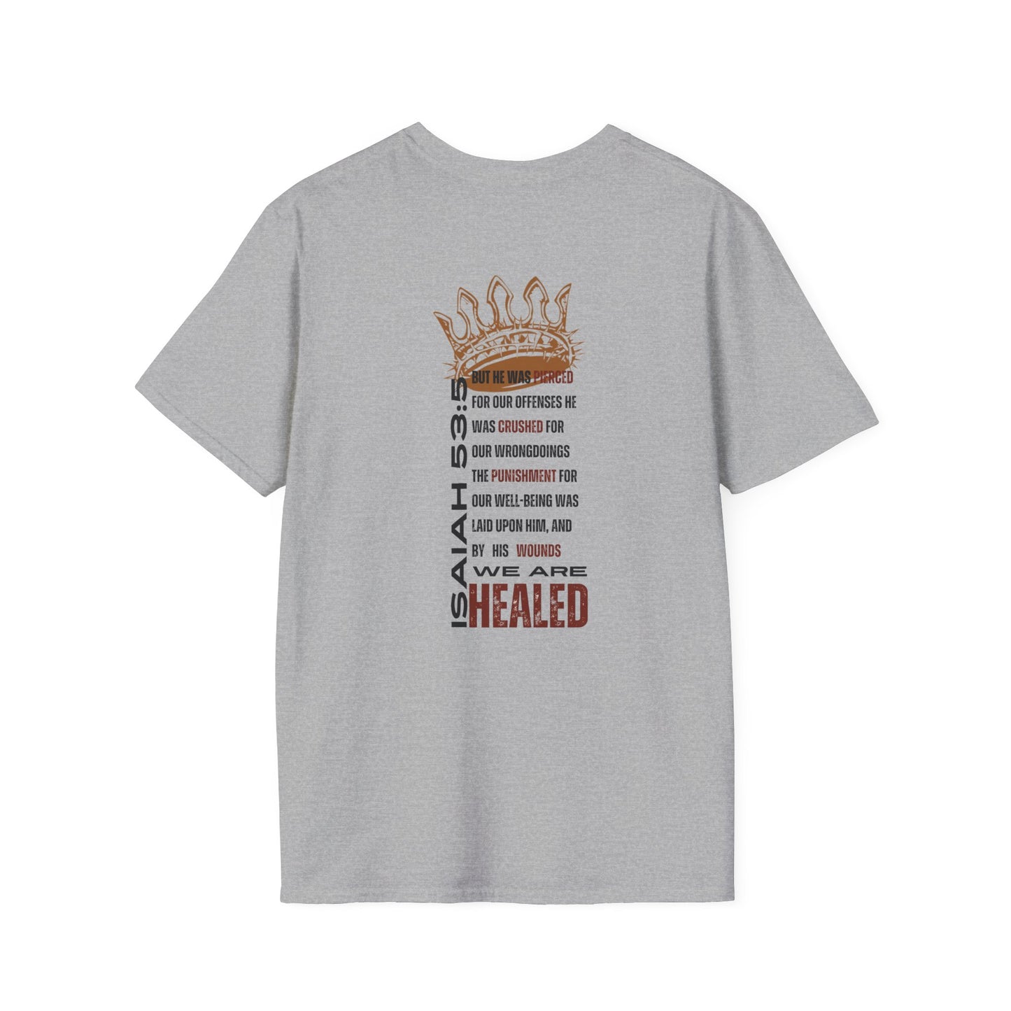 Gray T-Shirt featuring 'Christ our Healer apparel' design with biblical verse and crown graphic