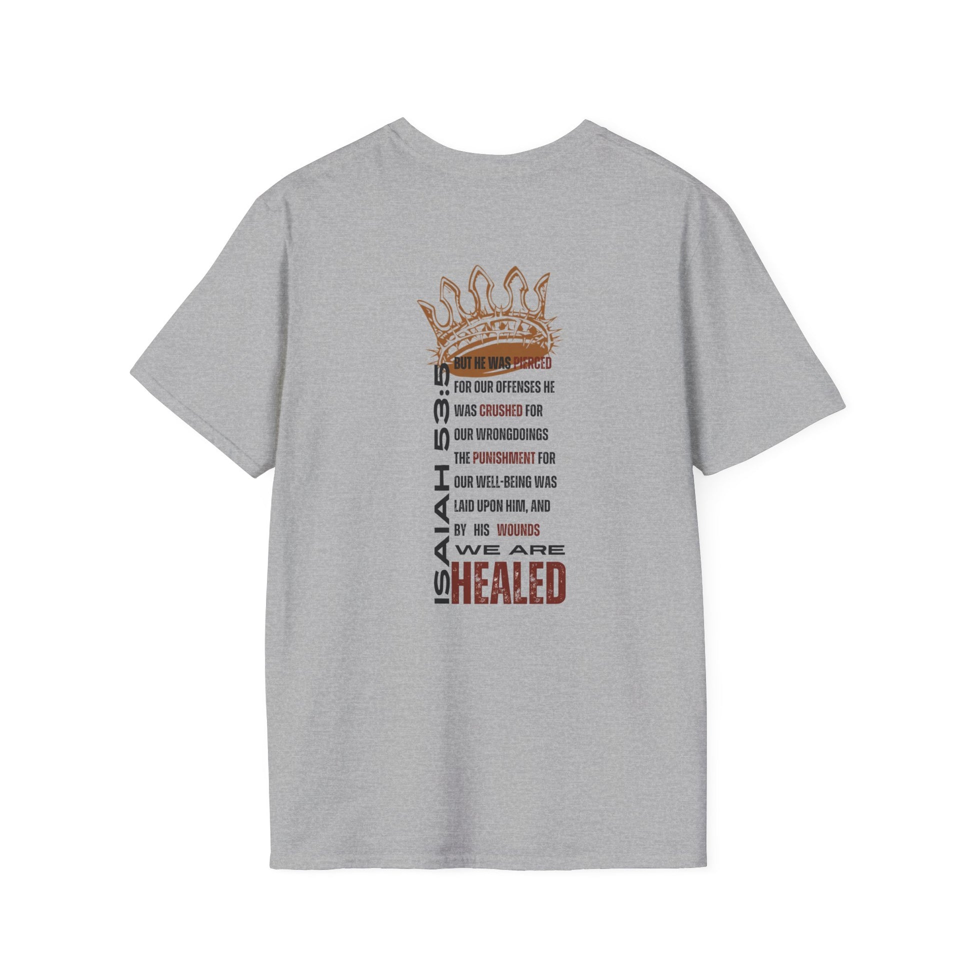 Gray T-Shirt featuring 'Christ our Healer apparel' design with biblical verse and crown graphic