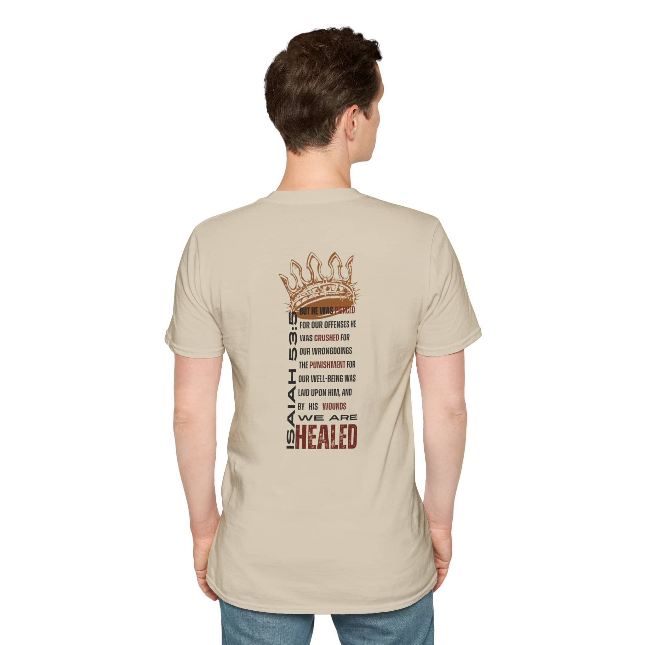 Beige T-Shirt featuring 'Christ our Healer apparel' design on back with inspirational text and crown graphic