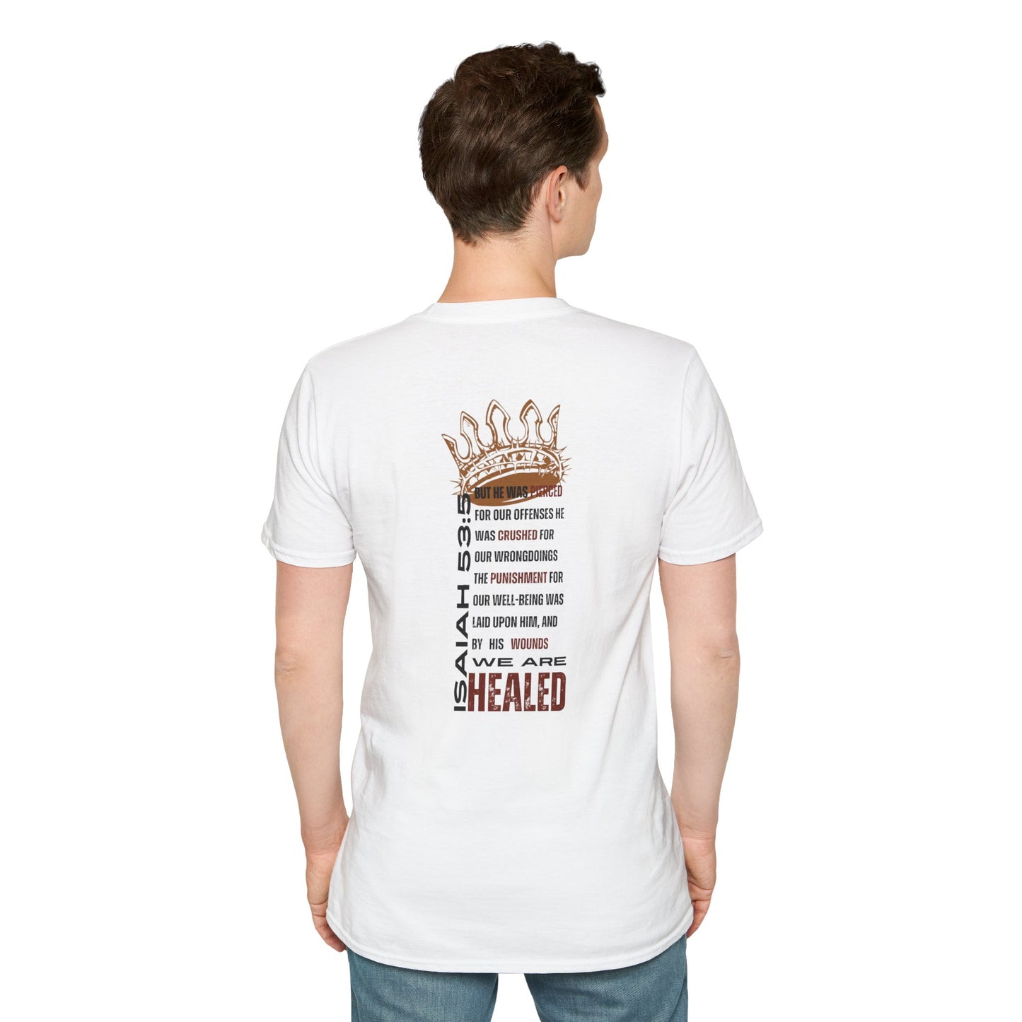 White T-Shirt featuring the phrase Christ our Healer apparel on the back with a crown design