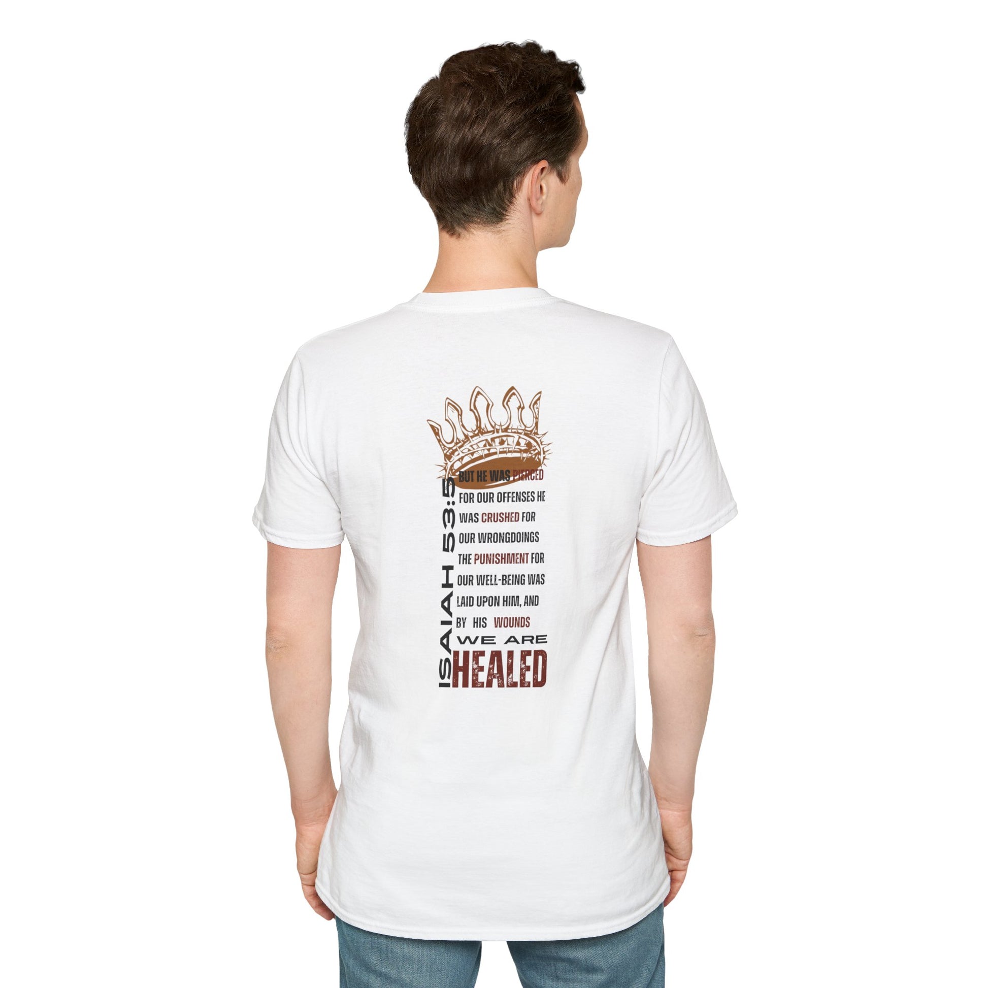 White T-Shirt featuring the phrase Christ our Healer apparel on the back with a crown design