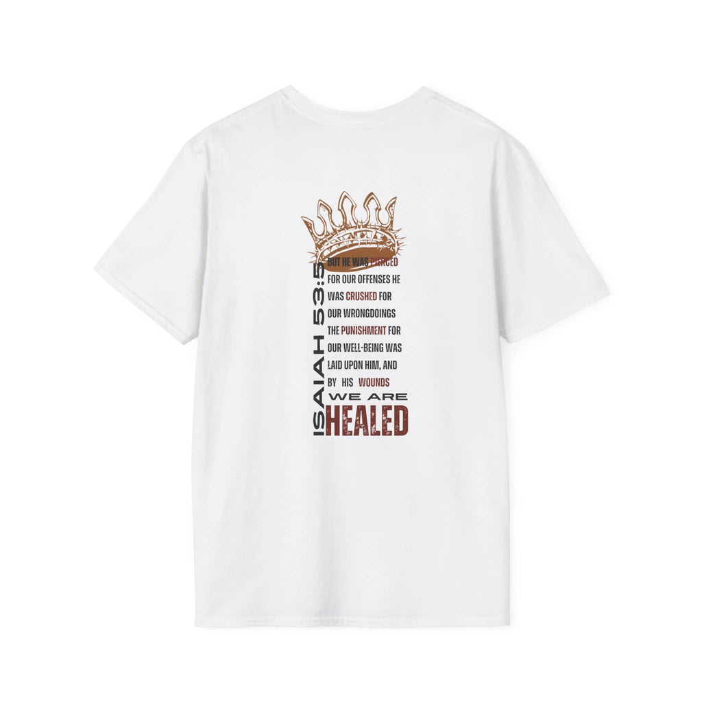 White T-Shirt featuring Christ our Healer apparel with Isaiah 53 text design and crown graphic