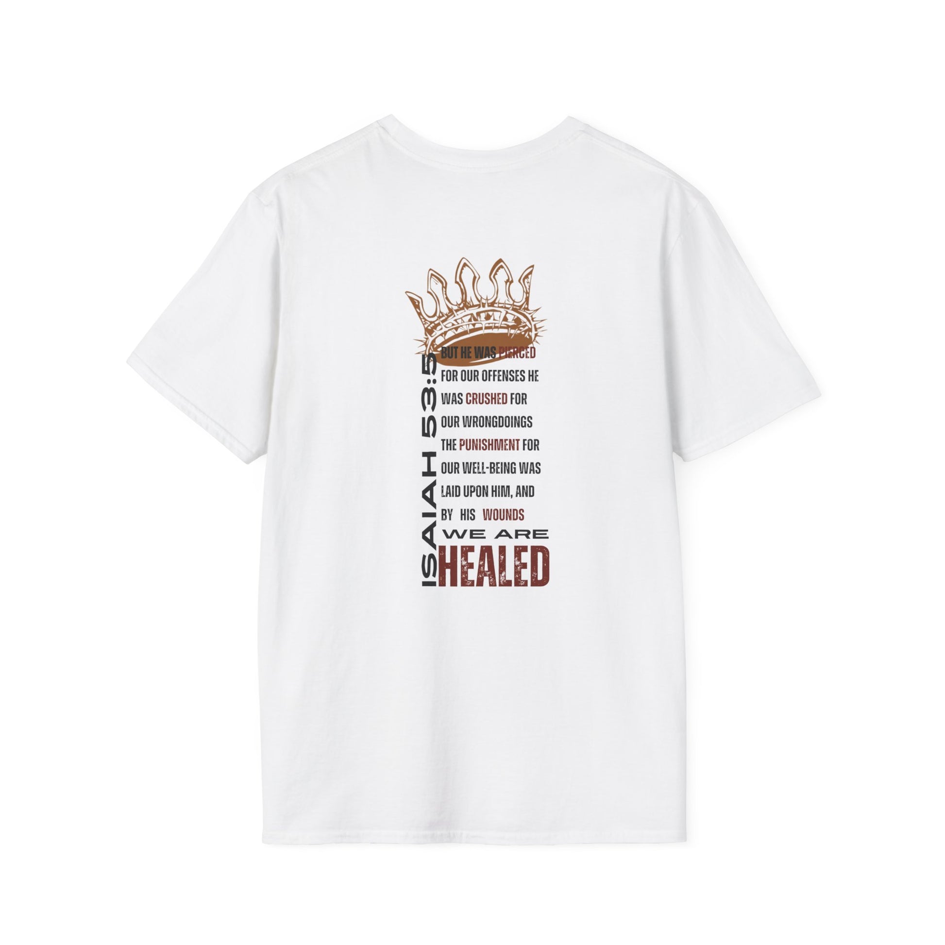 White T-Shirt featuring Christ our Healer apparel with Isaiah 53 text design and crown graphic