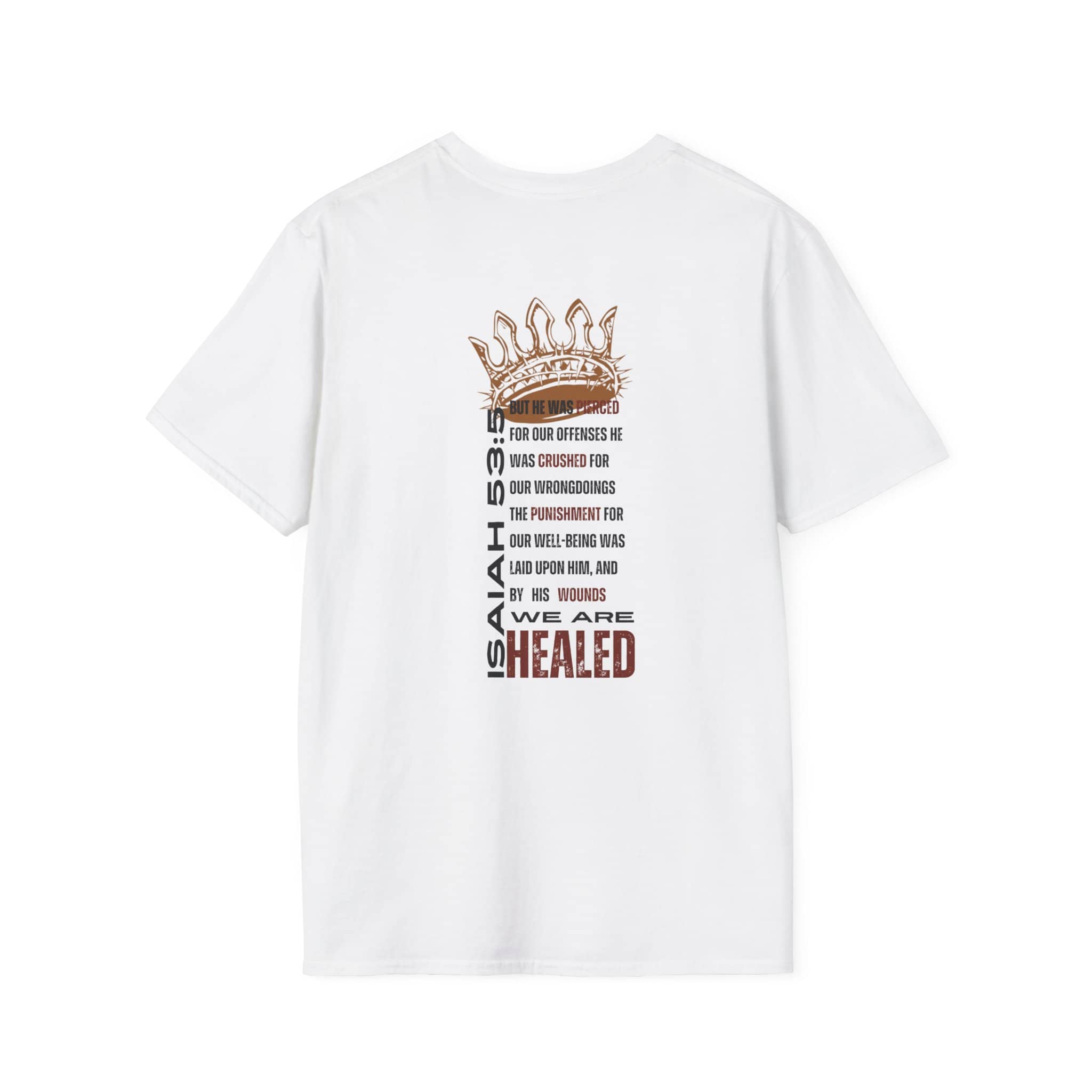 White T-Shirt featuring Christ our Healer apparel with Isaiah 53 text design and crown graphic