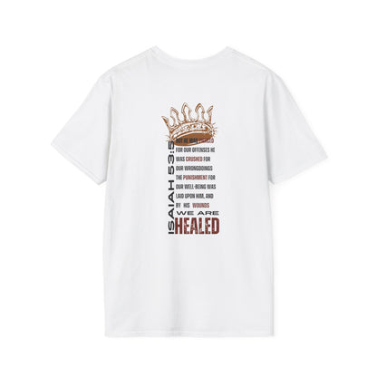White T-Shirt featuring Christ our Healer apparel with Isaiah 53 text design and crown graphic