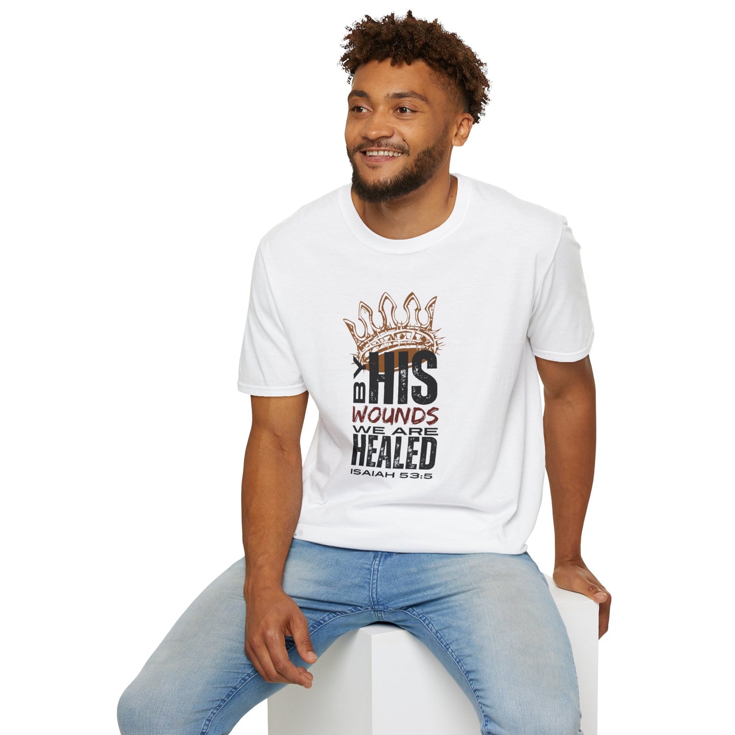 White T-Shirt featuring 'By His Wounds We Are Healed' design, part of Christ our Healer apparel