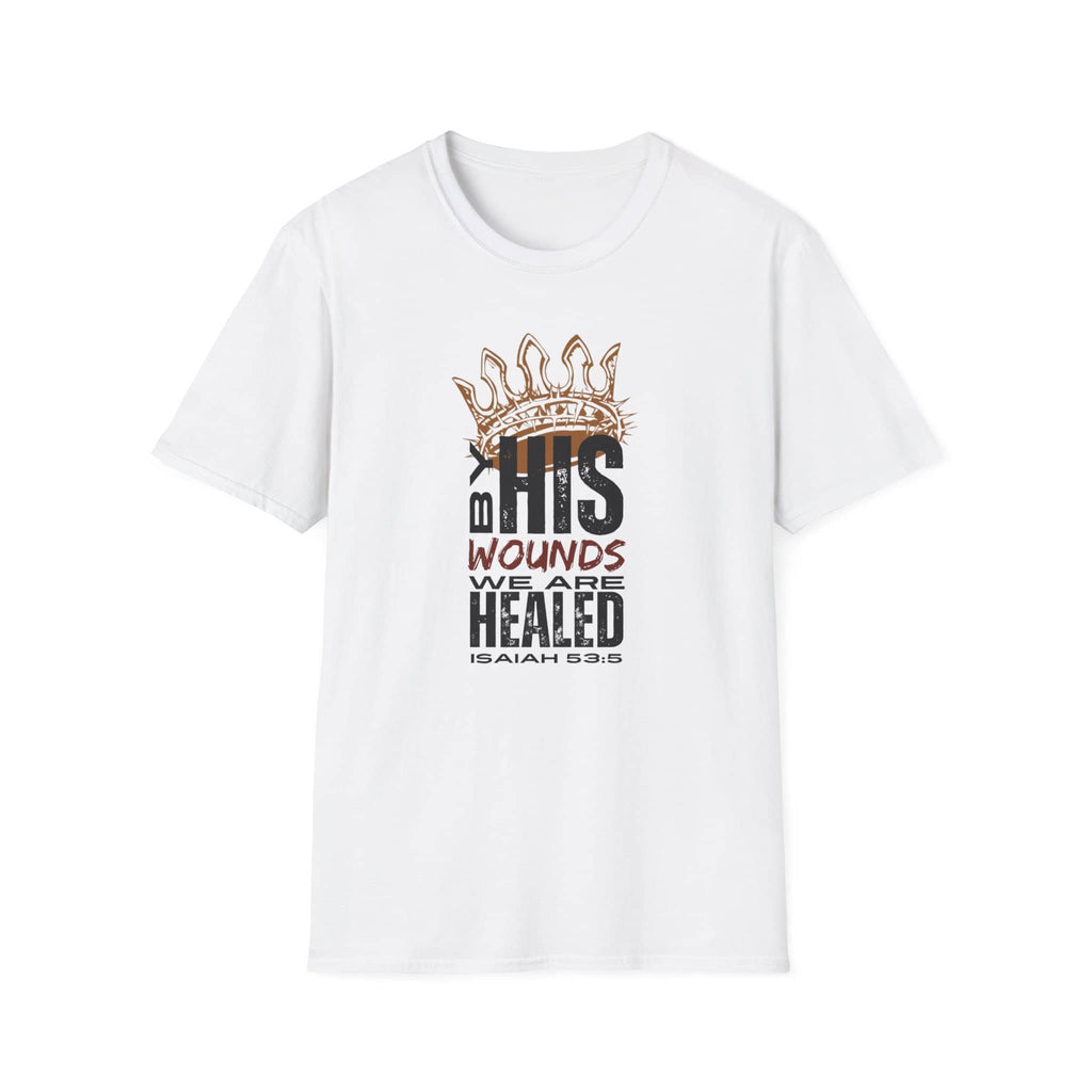White T-Shirt featuring Christ our Healer apparel with inspirational Isaiah 53:5 design