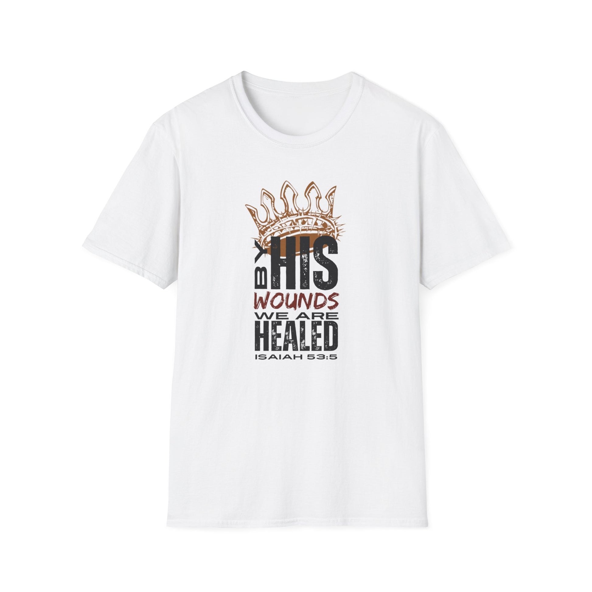 White T-Shirt featuring Christ our Healer apparel with inspirational Isaiah 53:5 design
