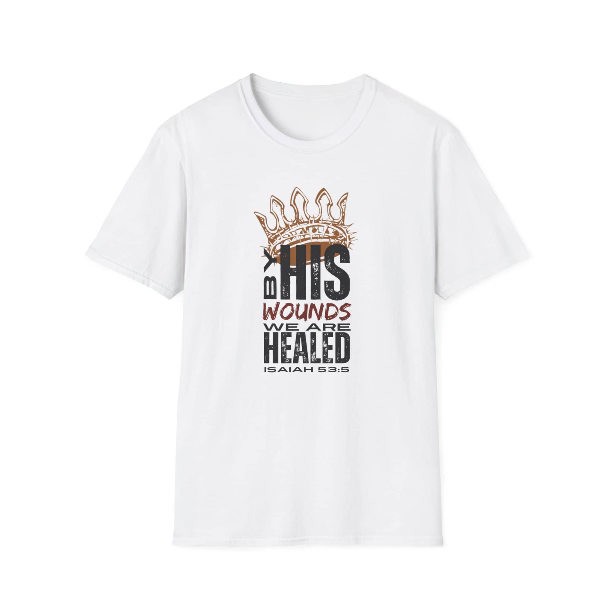 White T-Shirt featuring Christ our Healer apparel with inspirational Isaiah 53:5 design